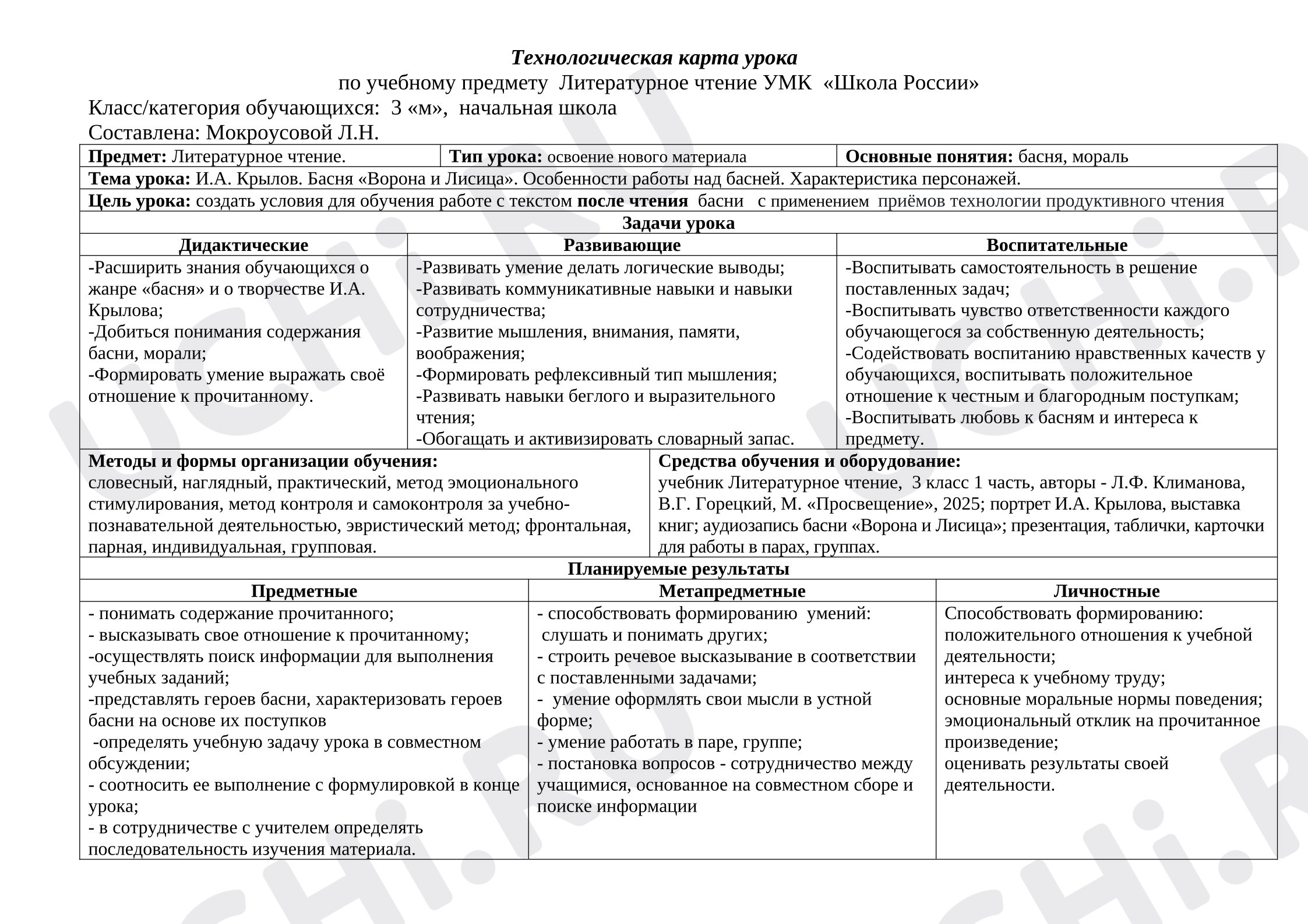 Предпросмотр материала Технологическая карта урока литературного чтения И. А. Крылов «Ворона и Лисица».