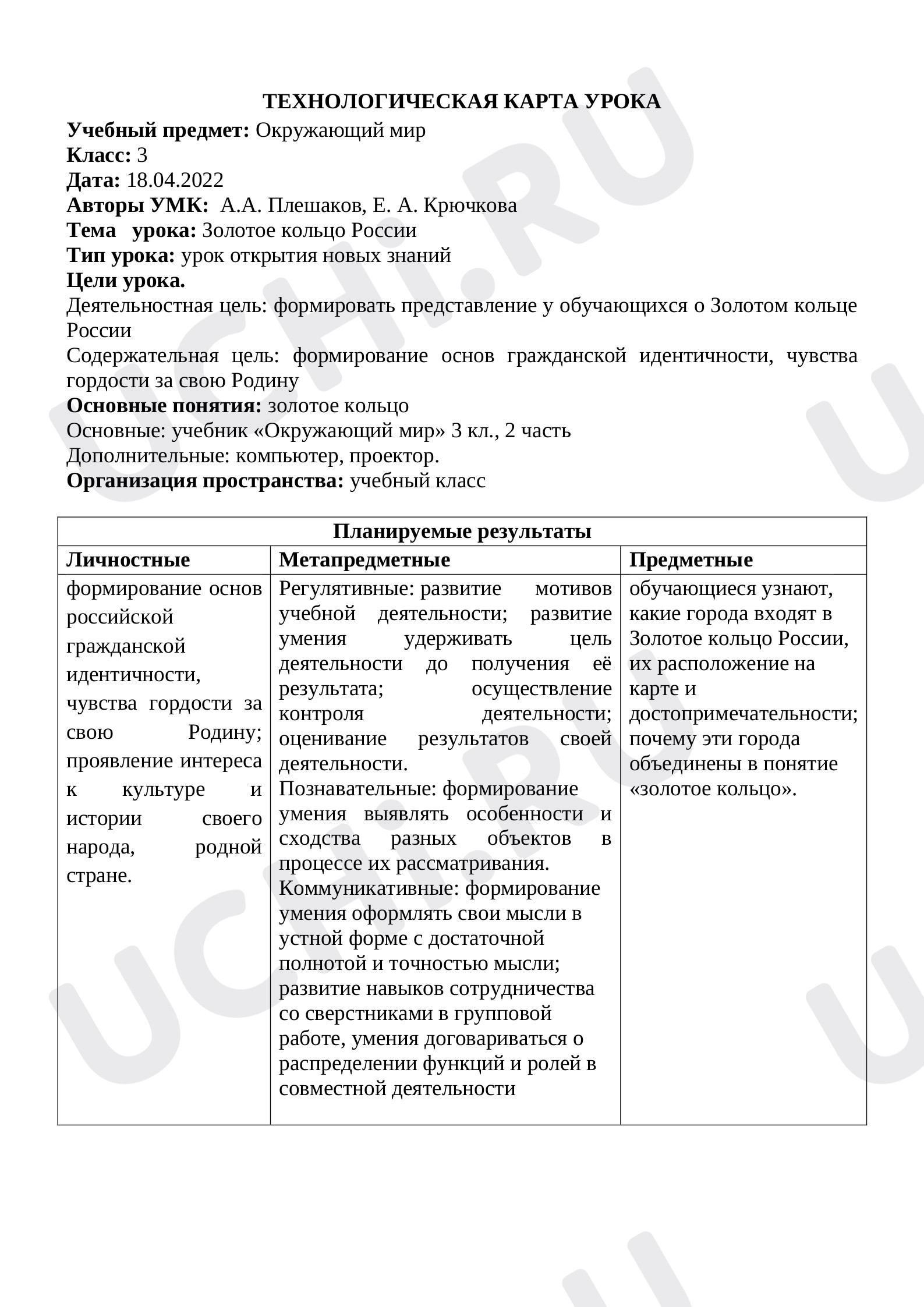 Предпросмотр материала Технологическая карта по окружающему миру на тему: «Золотое кольцо России».