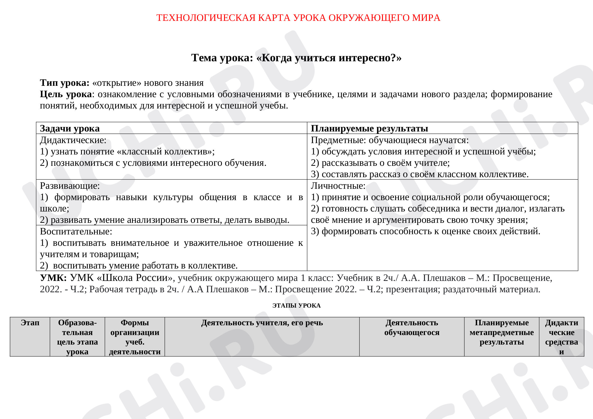 Предпросмотр материала Технологическая карта урока окружающего мира по теме «Когда учиться интересно».