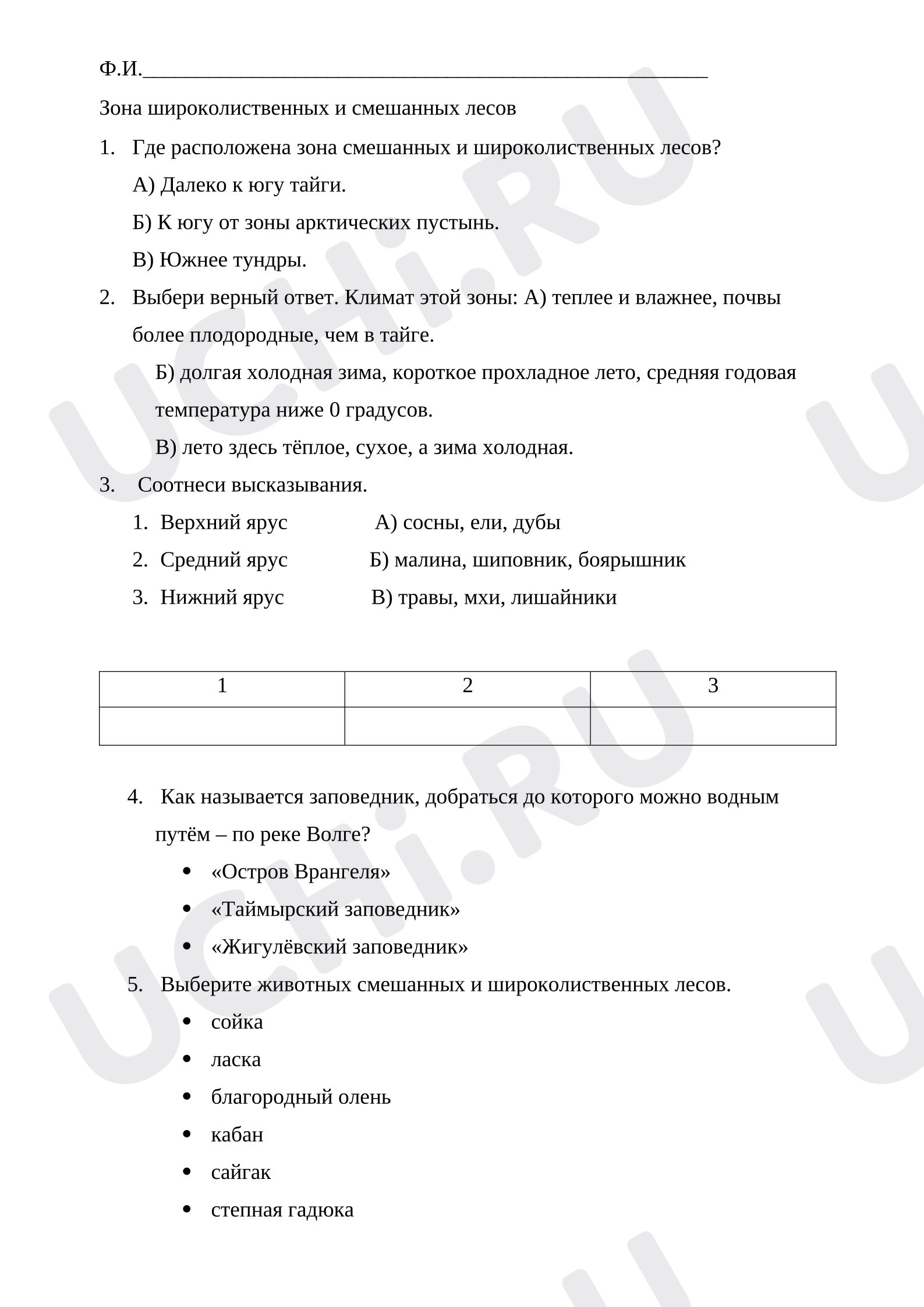 Предпросмотр материала Проверочная работа к уроку окружающего мира. Зона широколиственных и смешанных лесов.