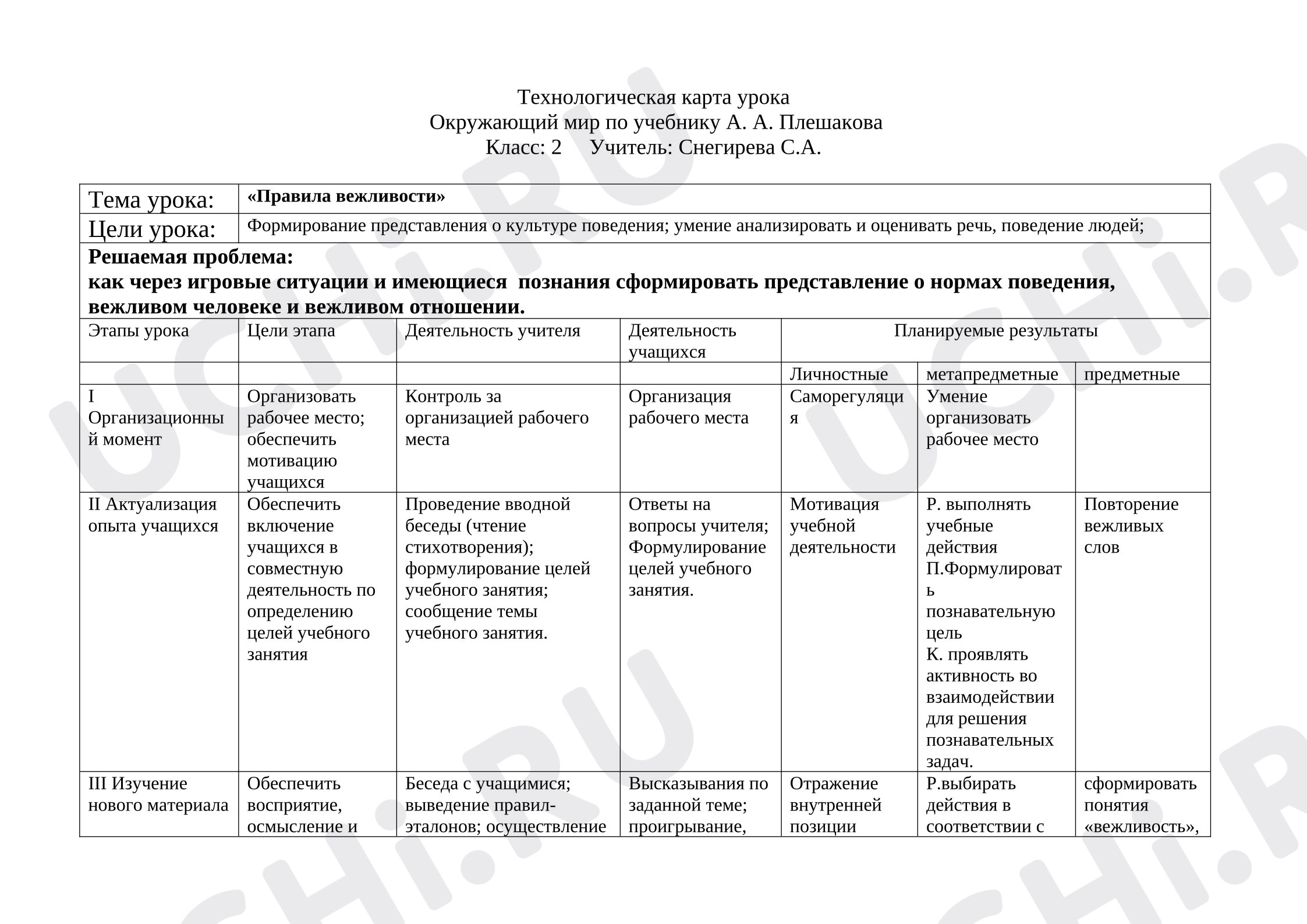 Предпросмотр материала Технологическая карта урока окружающего мира «Правила вежливочти».