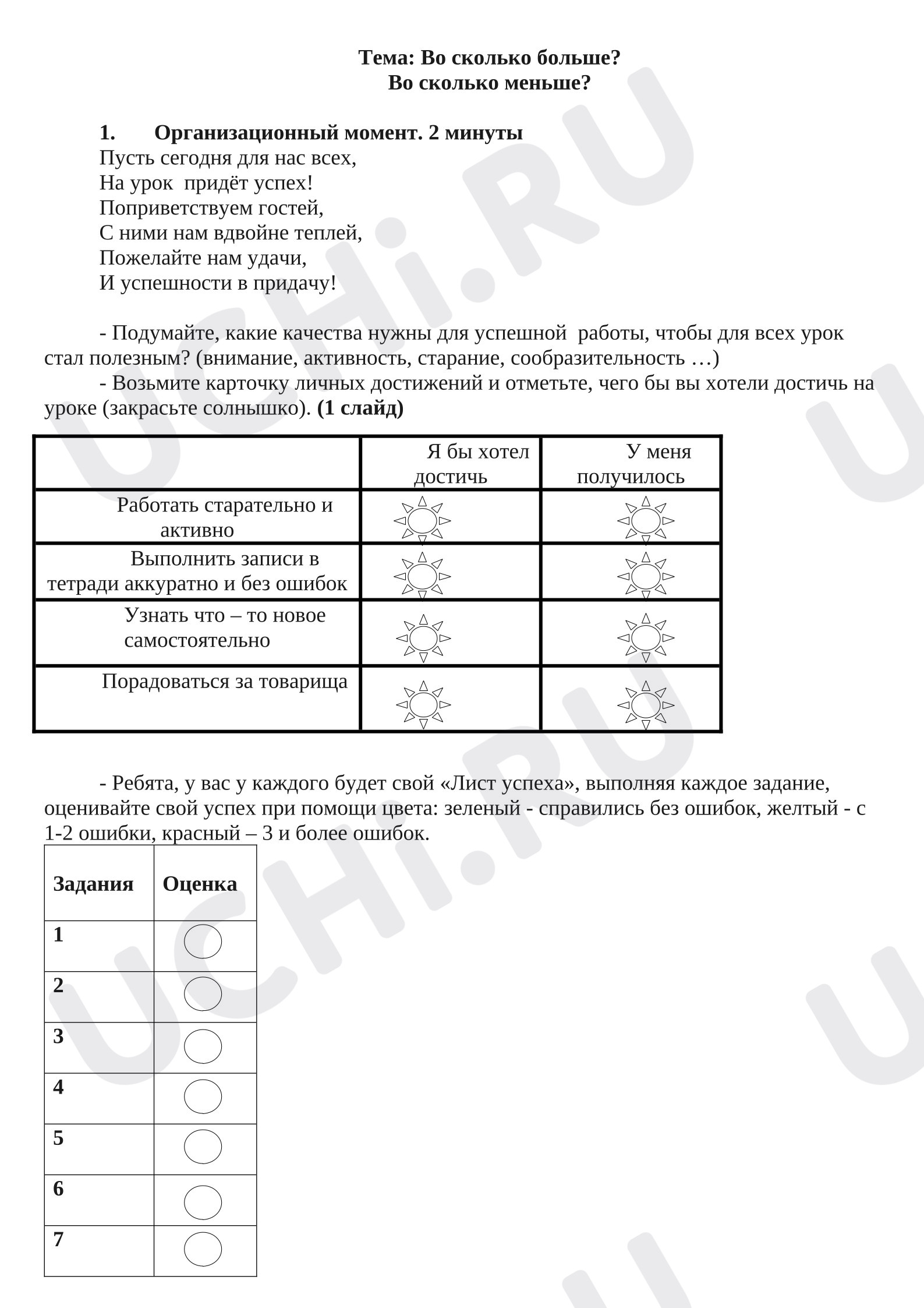Предпросмотр материала План урока математики. Во сколько больше? Во сколько меньше?