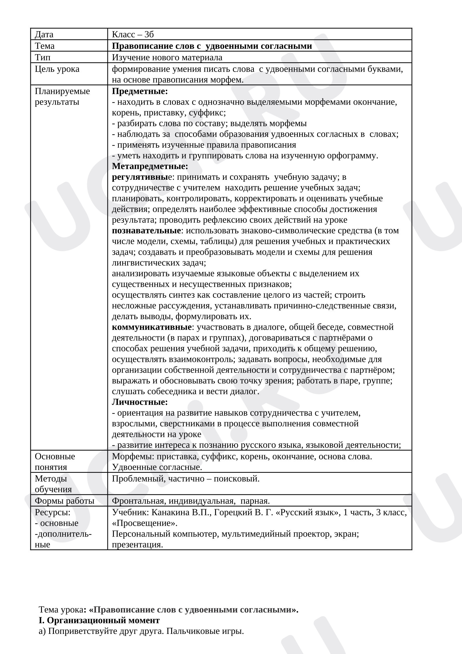 Предпросмотр материала План урока русского языка. Правописание слов с удвоенными согласными