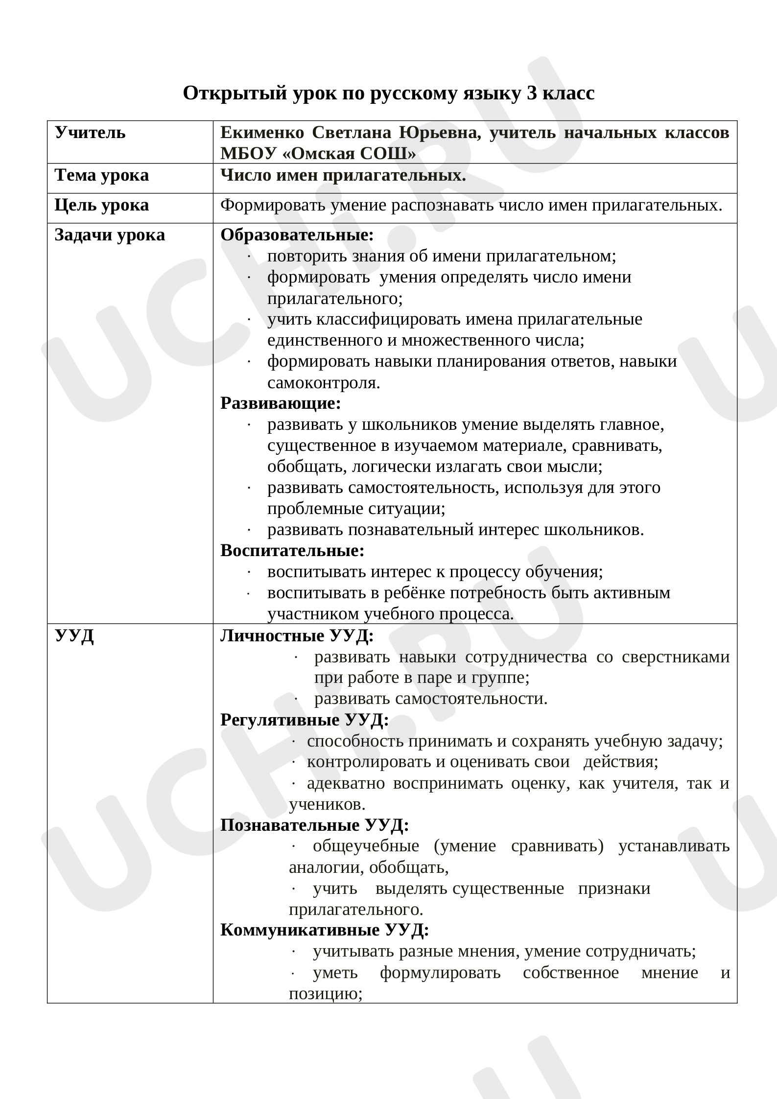 Предпросмотр материала План урока  русского языка по теме: "Число имен прилагательных"