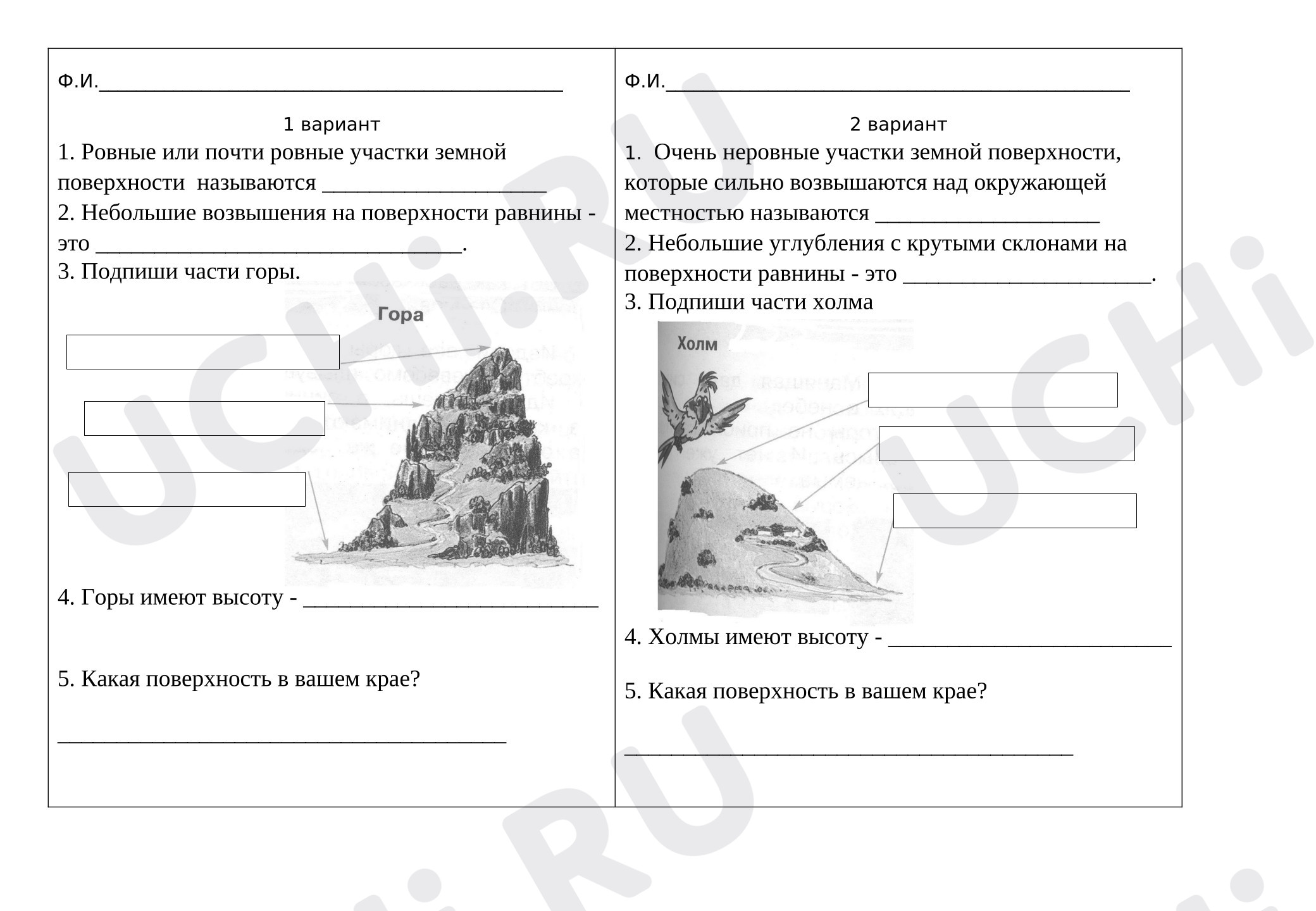 Предпросмотр материала Самостоятельная работа по окружающему миру по теме: "Формы земной поверхности"
