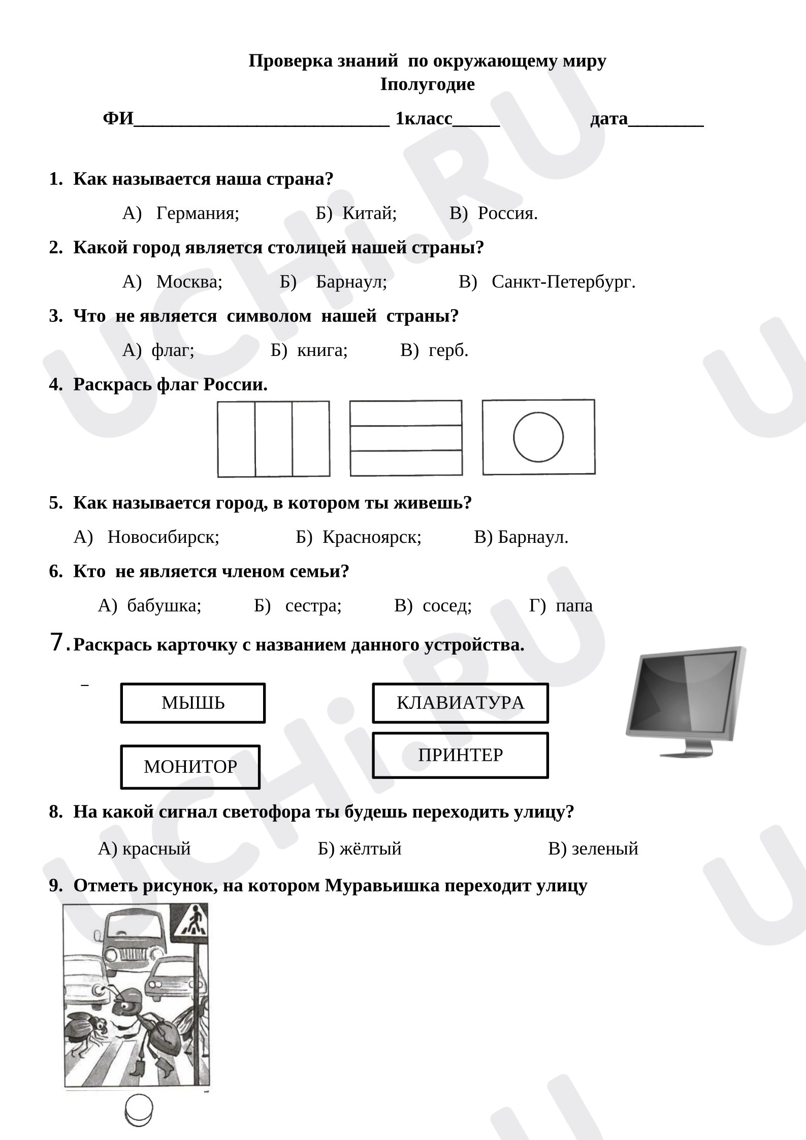 Предпросмотр материала Проверочная работа по окружающему миру за полугодие