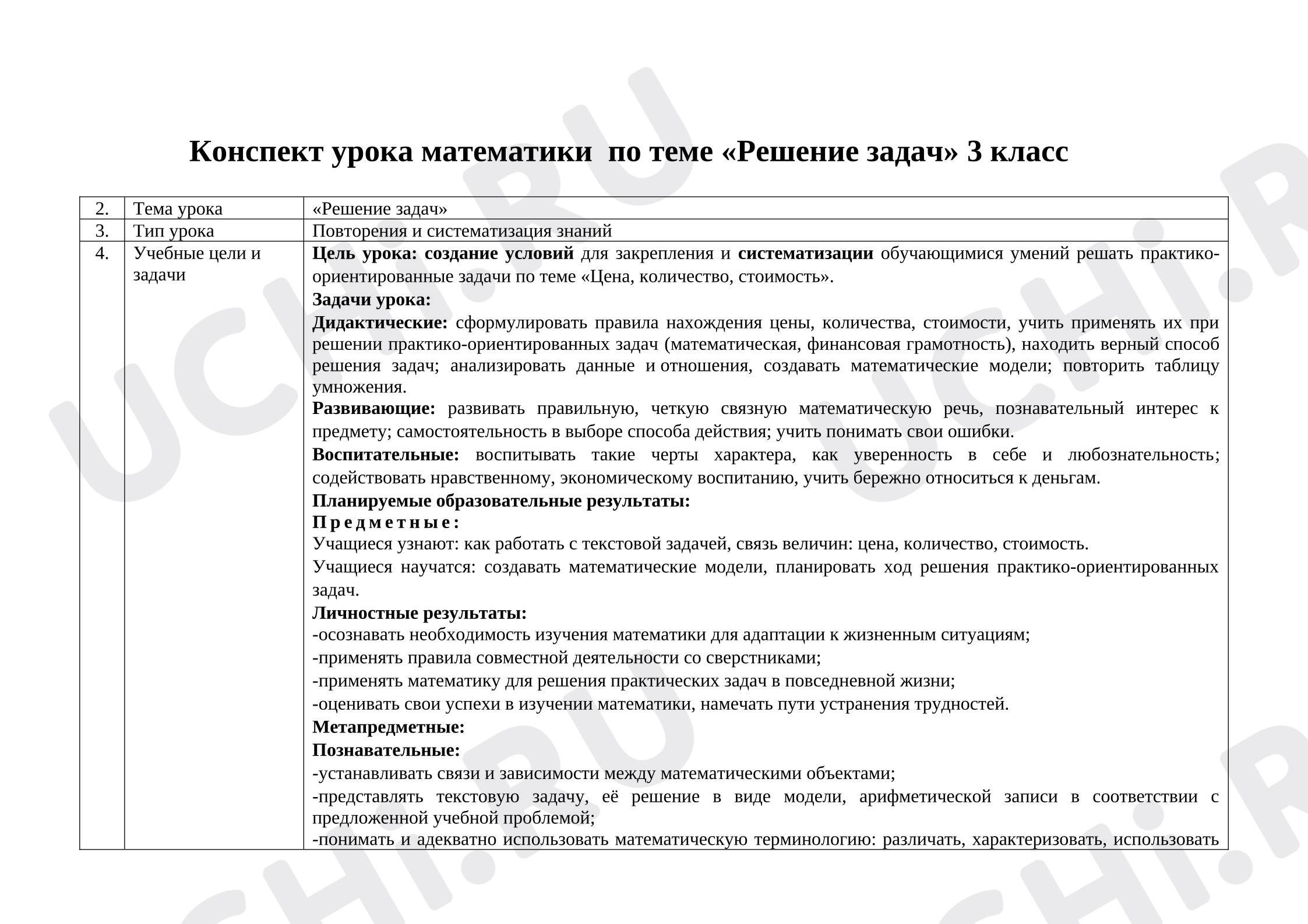Предпросмотр материала Конспект урока математики. Цена, количество, стоимость.