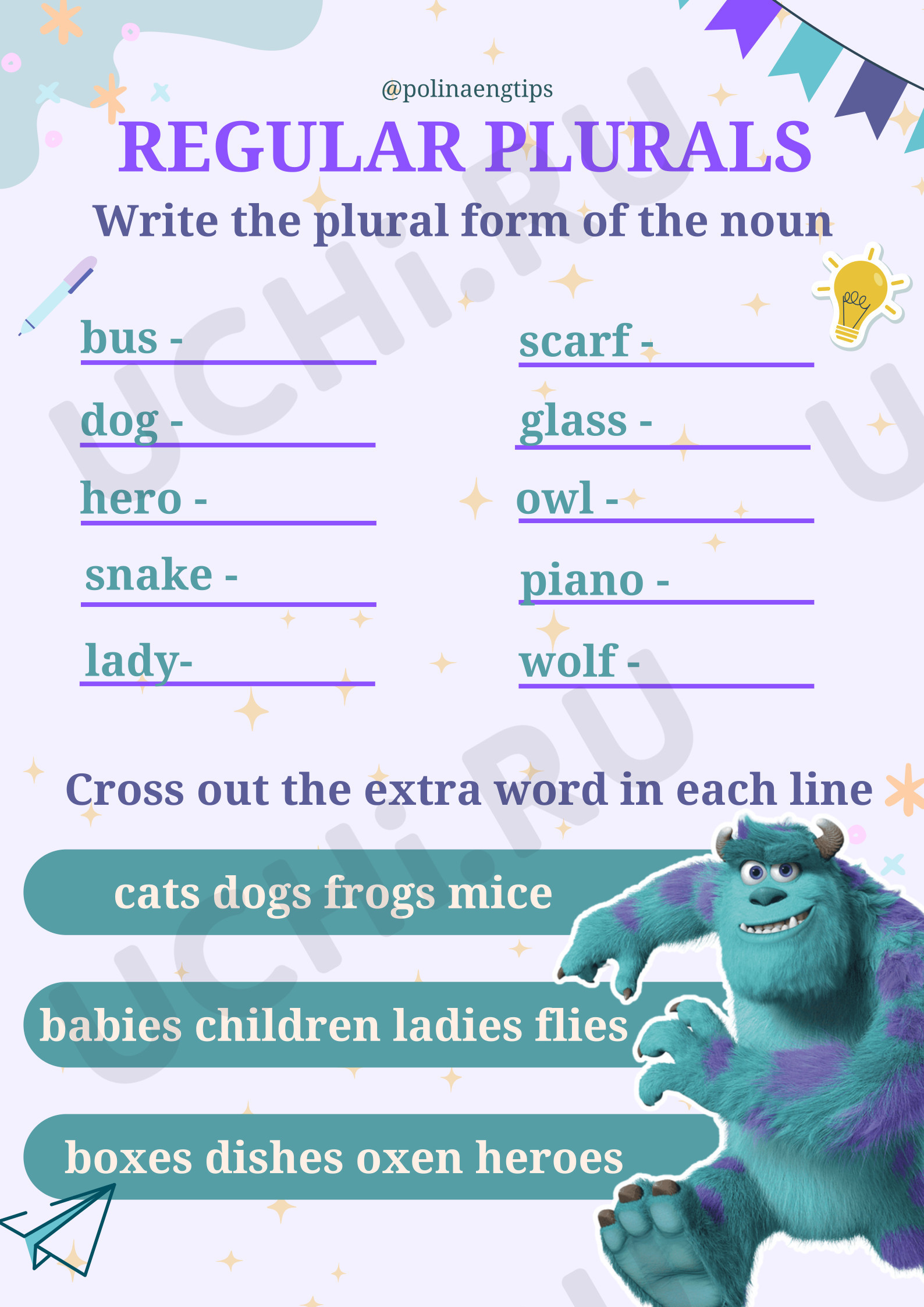 Предпросмотр материала Рабочий лист к уроку английского языка по теме: Plurals с героями мультика Корпорация Монстров