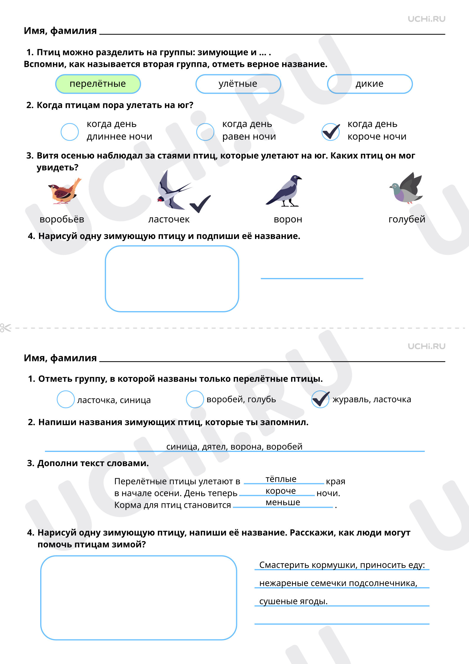 Ответы к рабочим листам по теме «Мир животных. Перелётные и зимующие птицы»:  Мир животных. Перелётные и зимующие птицы | Учи.ру