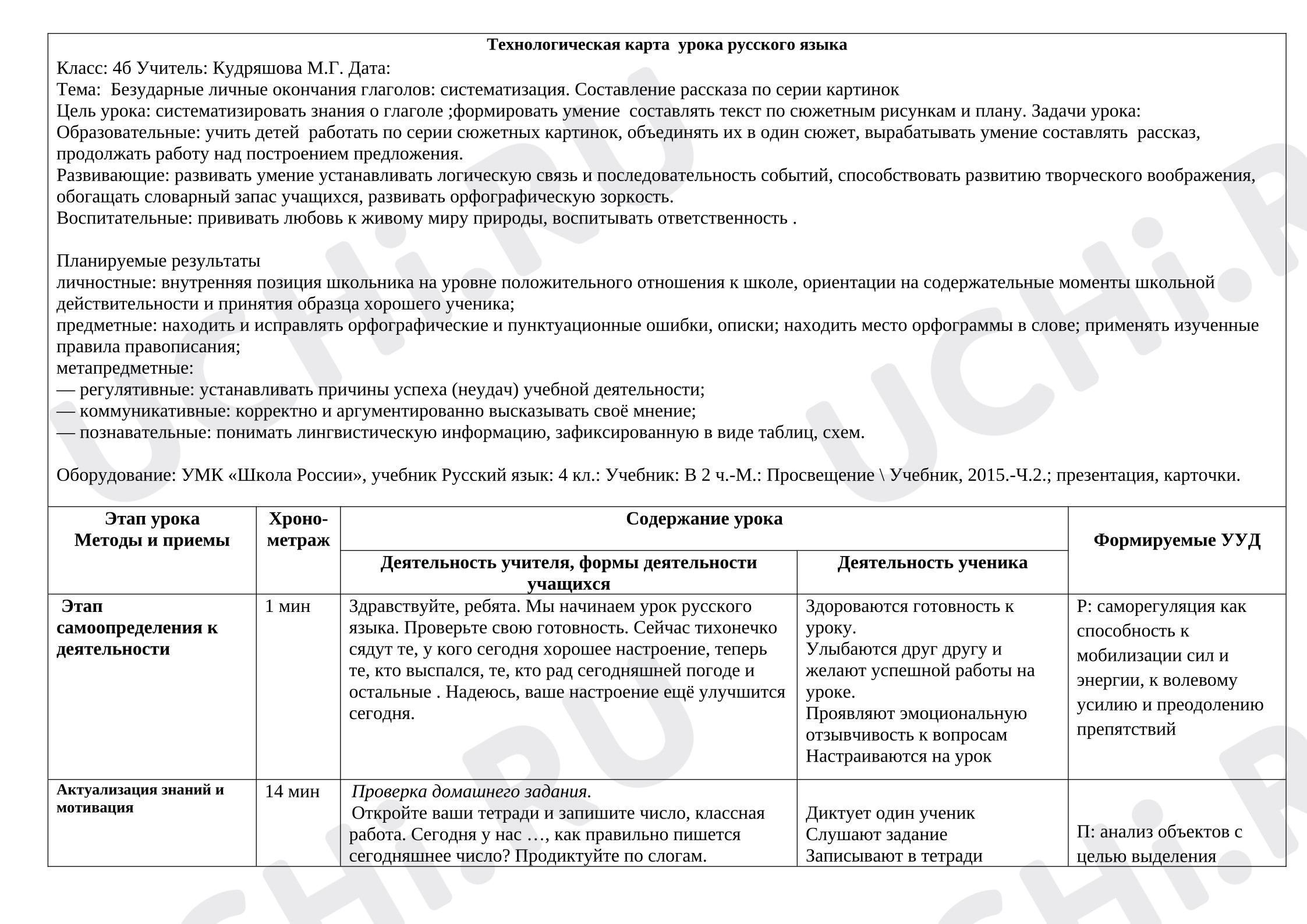 Предпросмотр материала Технологическая карта урока русского языка. Безударные личные окончания глаголов: систематизация. Составление рассказа по серии картинок