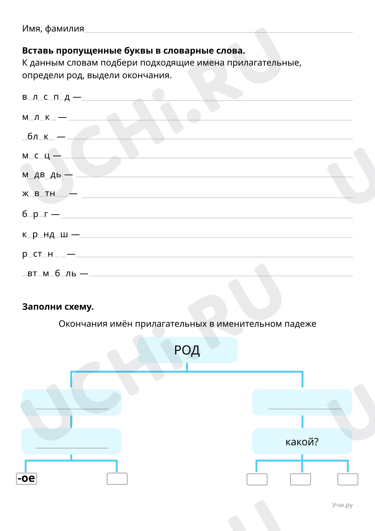 Словарные слова. Схема: Правописание окончаний имён прилагательных мужского  и среднего рода в именительном падеже | Учи.ру