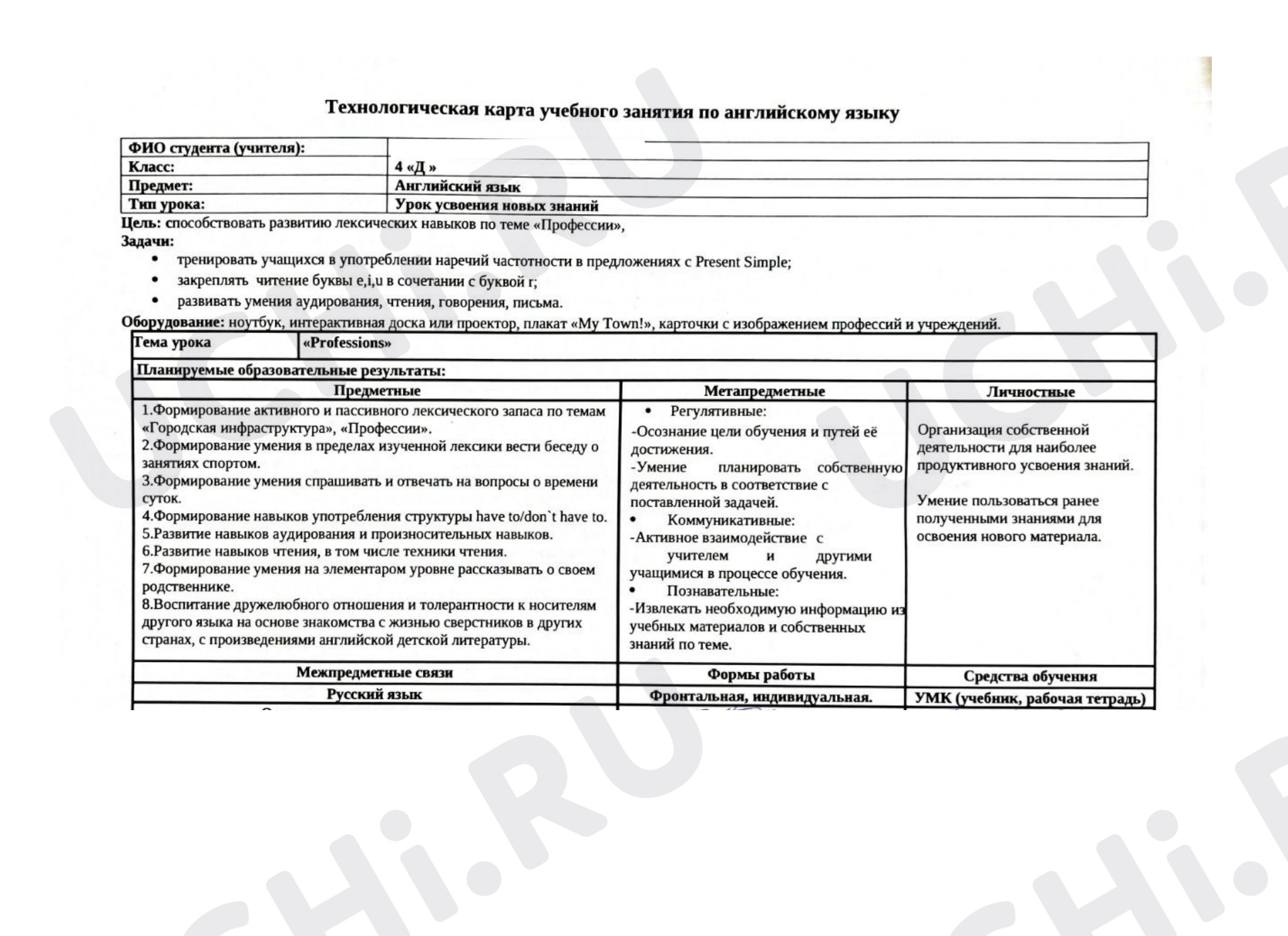 Предпросмотр материала Технологическая карта урока по английскому языку 4 класс на тему "Профессии"