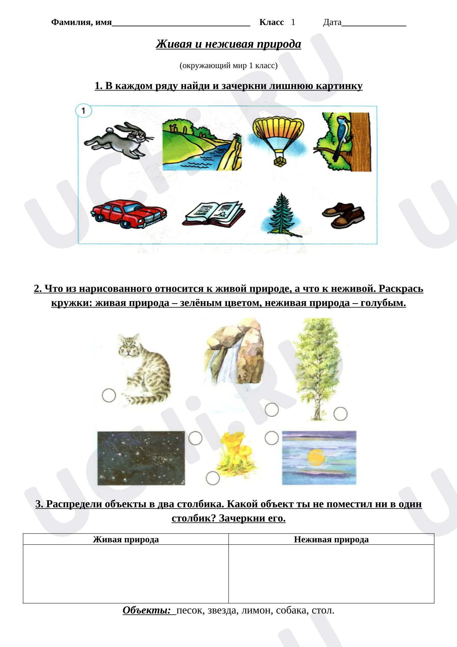 Предпросмотр материала Рабочие листы к уроку окружающего мира. Живая и неживая природа.