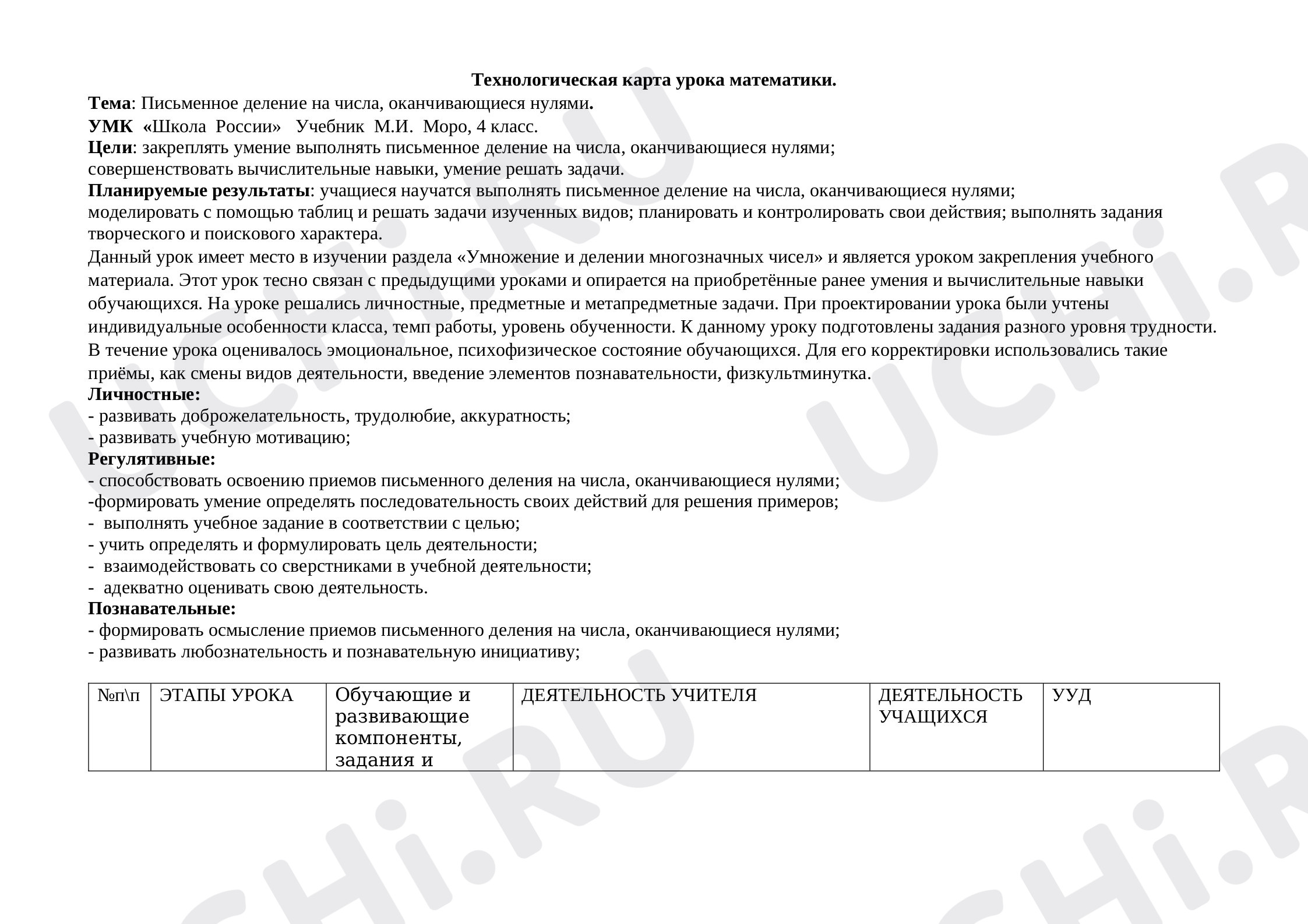Предпросмотр материала План урока математики по теме: Письменное деление на числа, оканчивающиеся нулями.