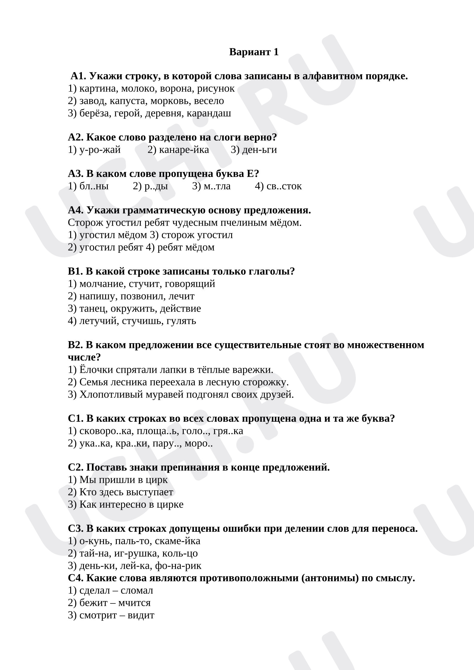 Предпросмотр материала Проверочная работа по русскому языку. Тест.