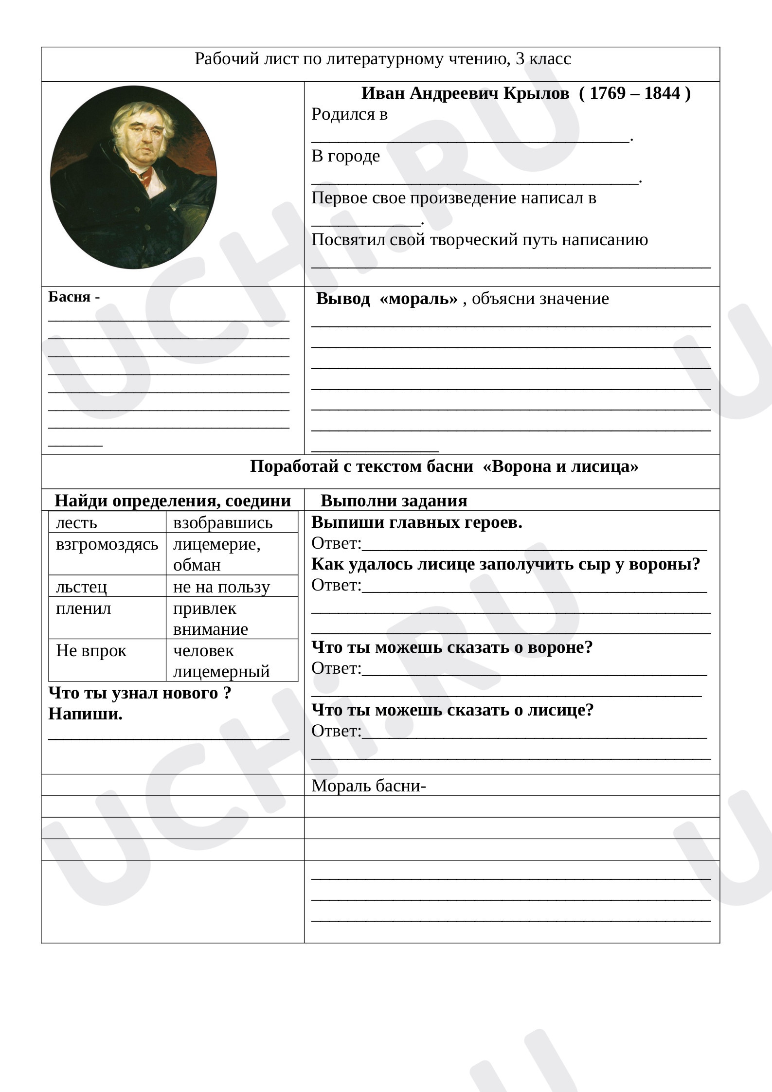 Предпросмотр материала Литературное чтение. Работа с басней И. А. Крылова «Ворона и Лисица" Рабочий лист