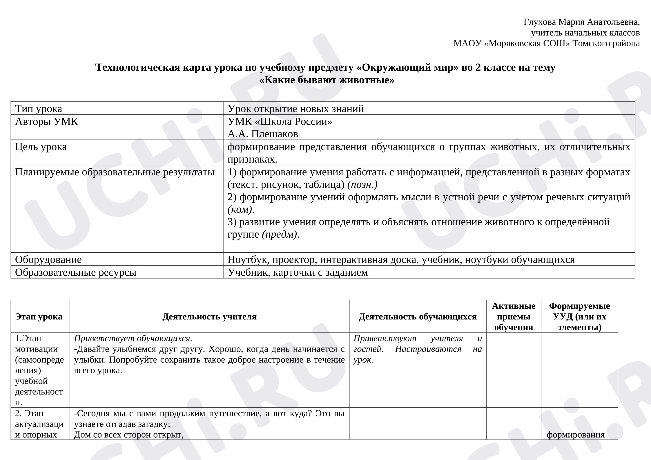 Предпросмотр материала Технологическая карта урока окружающего мира «Какие бывают животные».