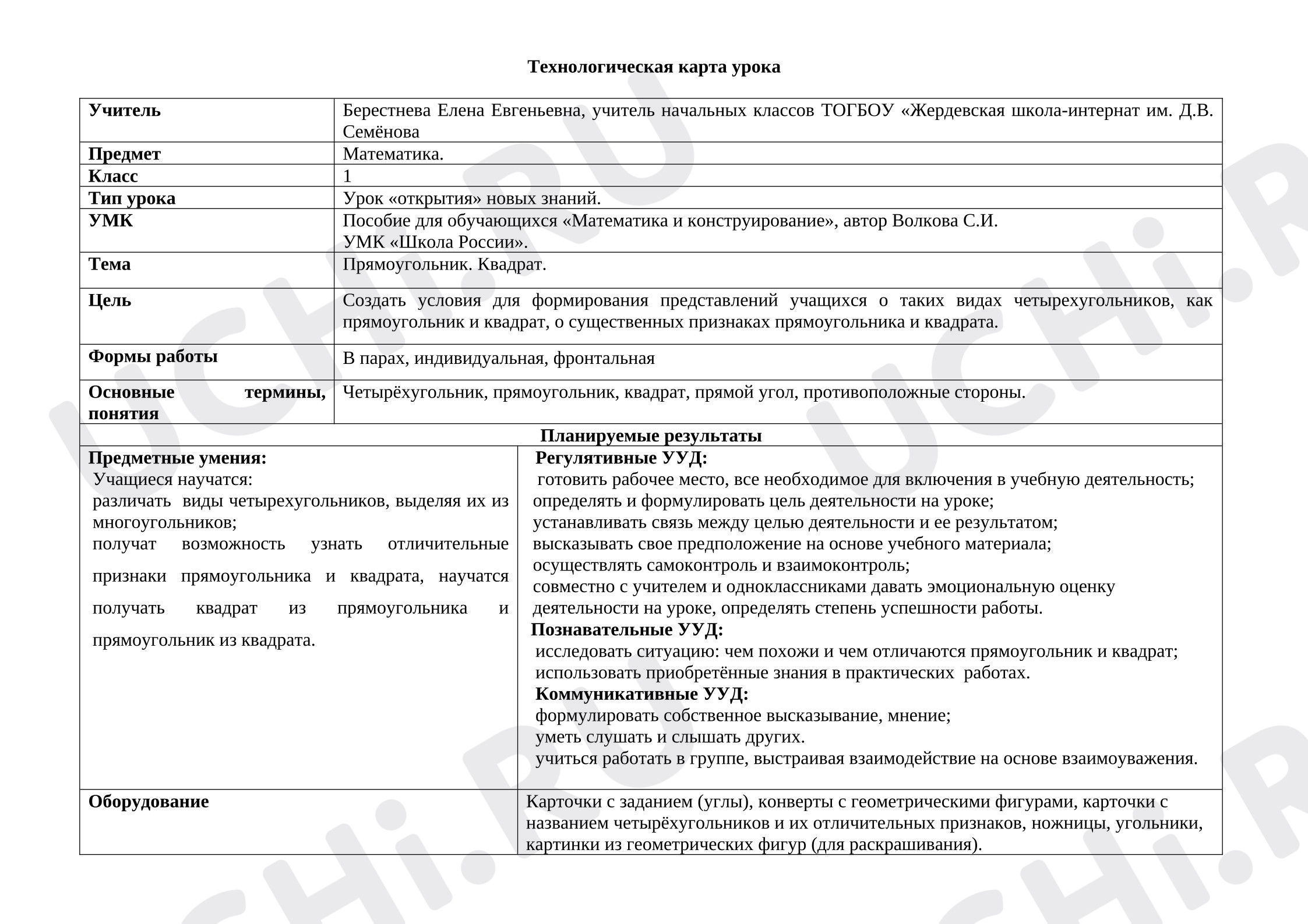 Предпросмотр материала Технологическая карта урока математики. Прямоугольник, Квадрат.
