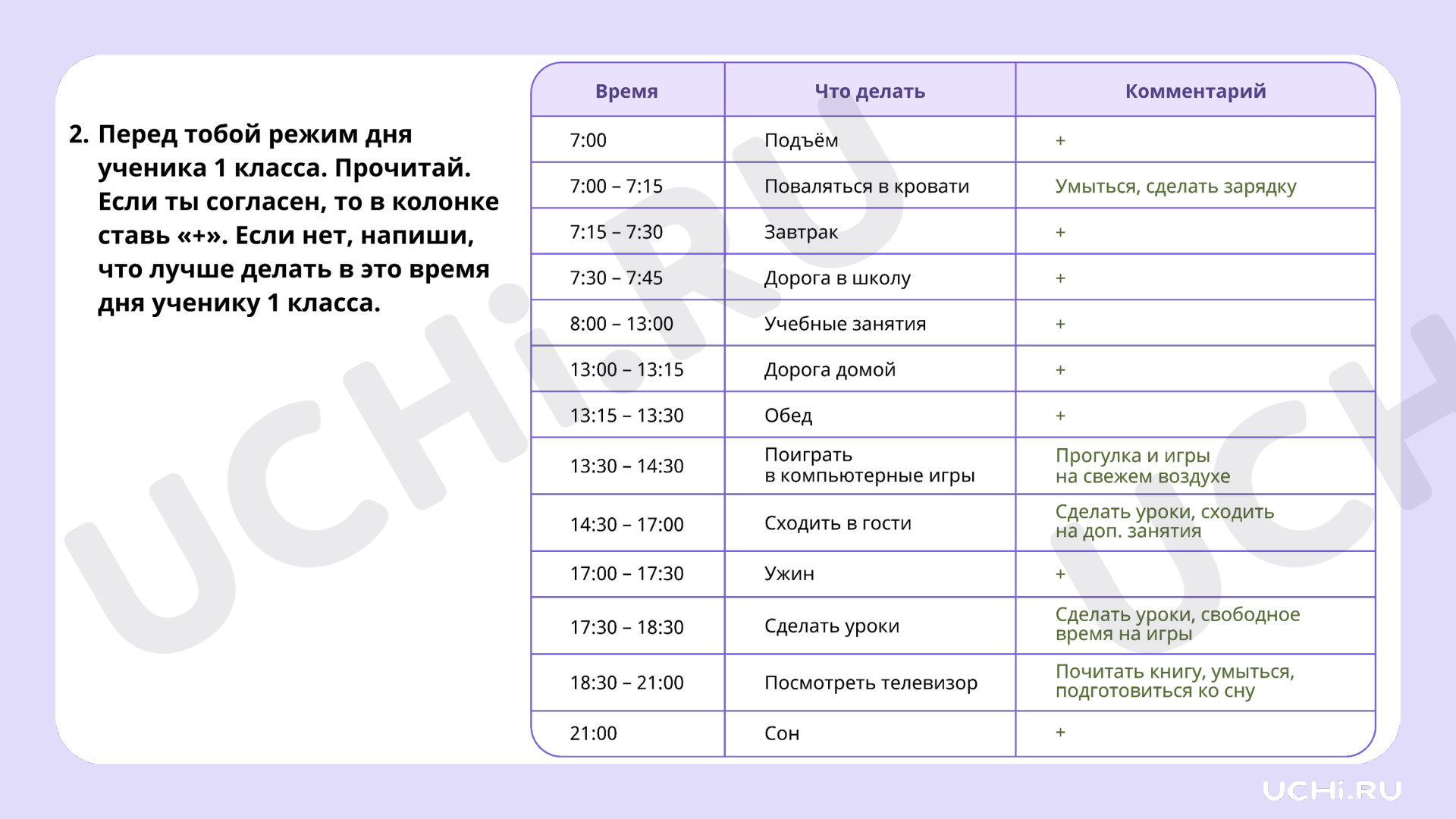 Рабочие листы по теме «Режим дня первоклассника. Правильное сочетание труда  и отдыха в режиме первоклассника». Повышенный уровень: Режим дня  первоклассника. Правильное сочетание труда и отдыха в режиме первоклассника  | Учи.ру