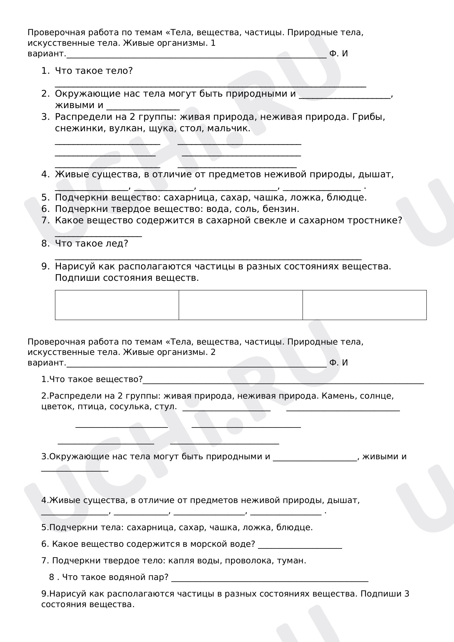 Предпросмотр материала Проверочная работа по окружающему миру по теме «Тела. Вещества. Частицы»