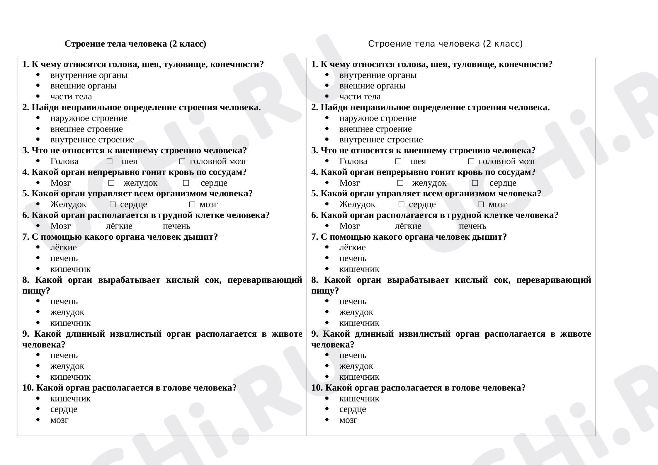 Предпросмотр материала Тест по окружающему миру «Строение тела человека».