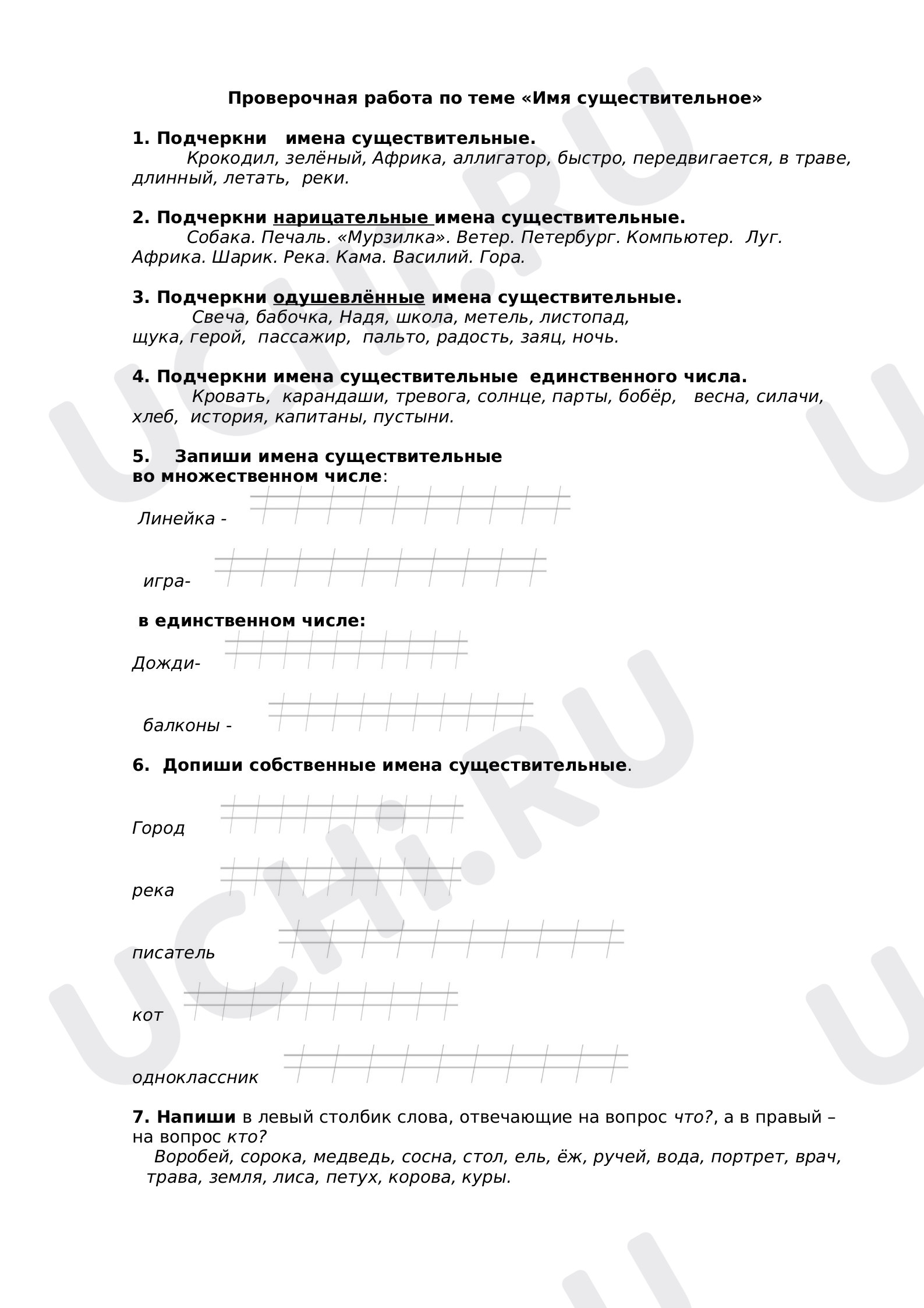 Предпросмотр материала Проверочная работа по русскому языку по теме "Имя существительное".