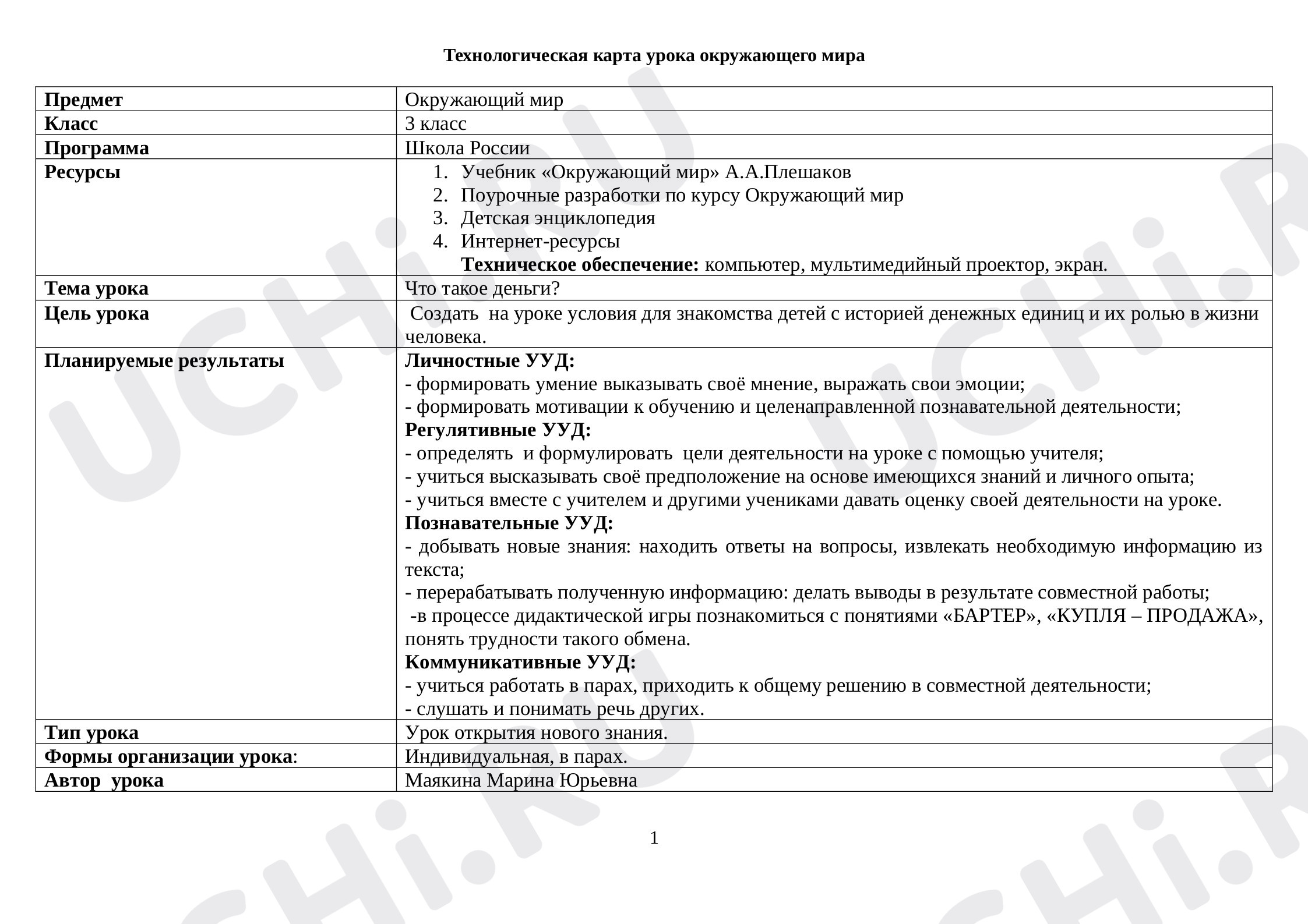 Предпросмотр материала Технологическая карта урока по окружающему миру «Что такое деньги».