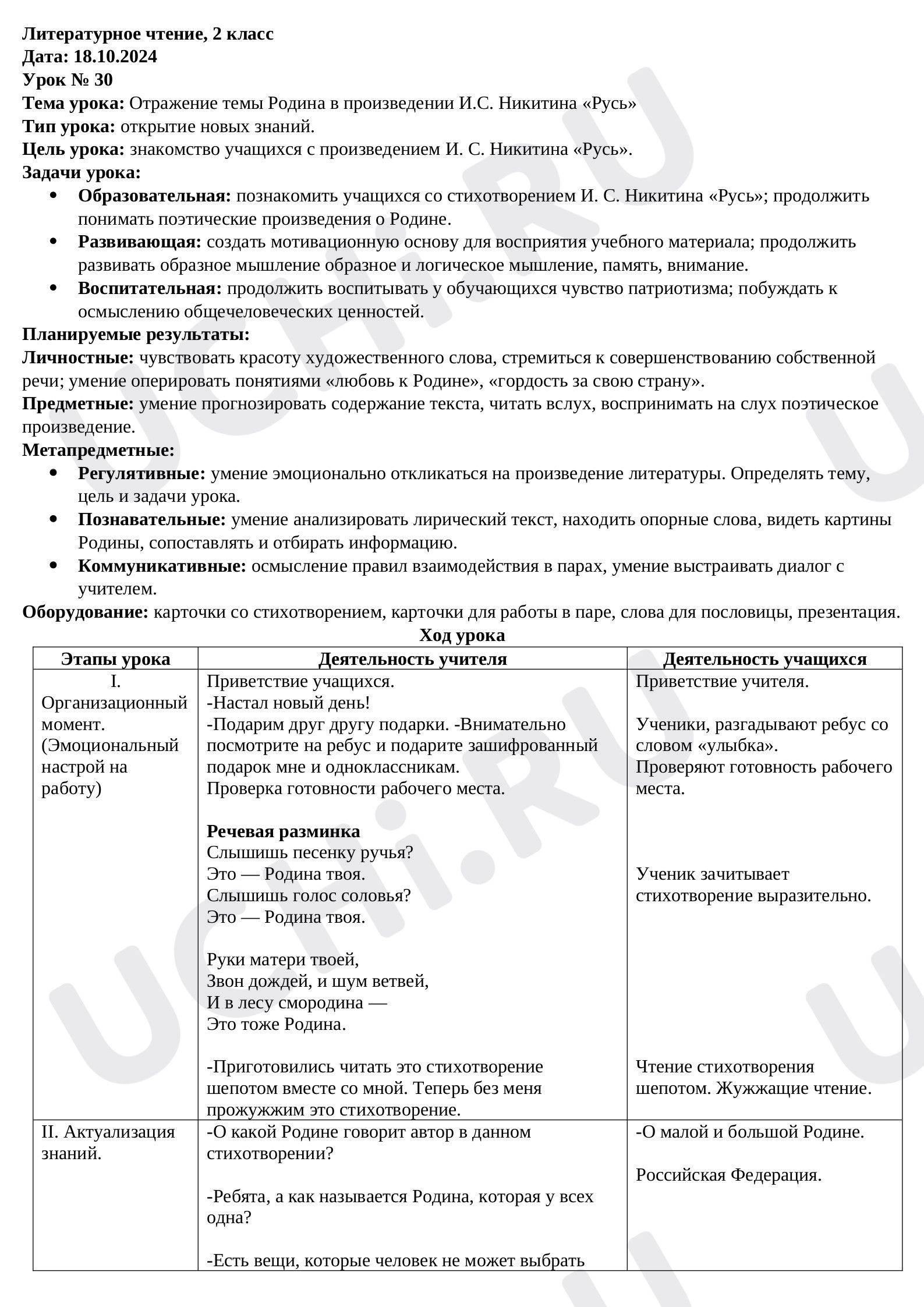 Предпросмотр материала Конспект урока литературного чтения по теме: Отражение темы Родина в произведении И.С. Никитина «Русь»