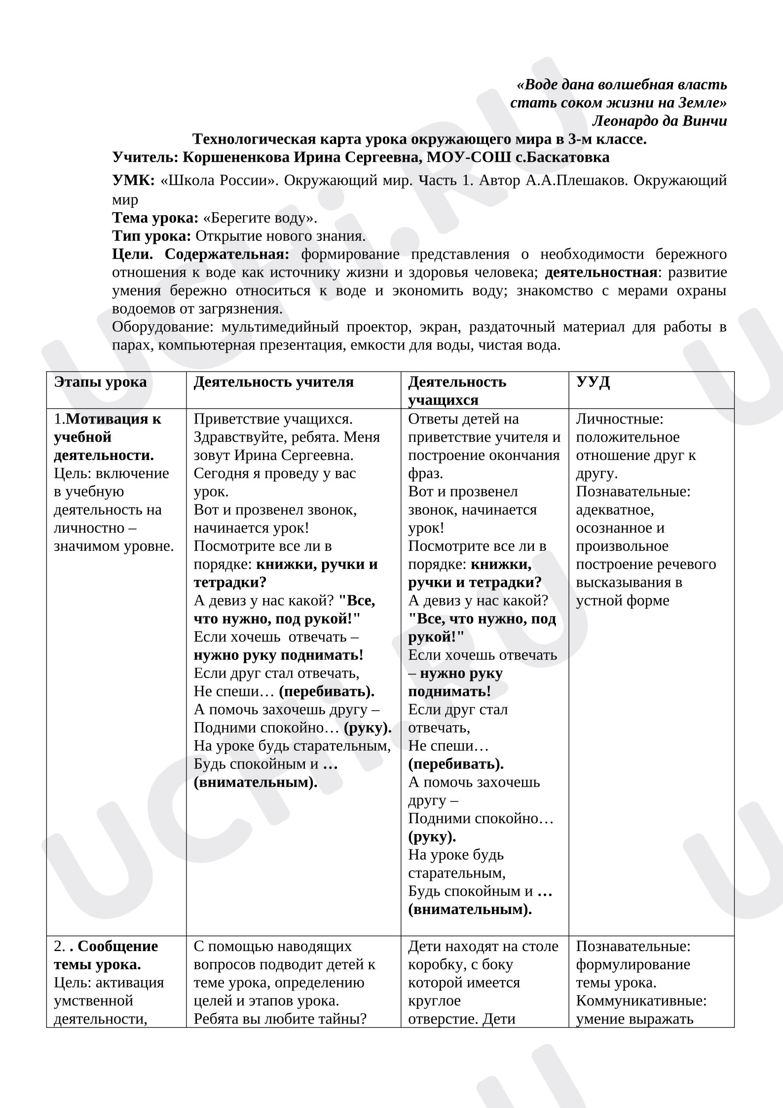 Предпросмотр материала План урока окружающего мира. Берегите воду.