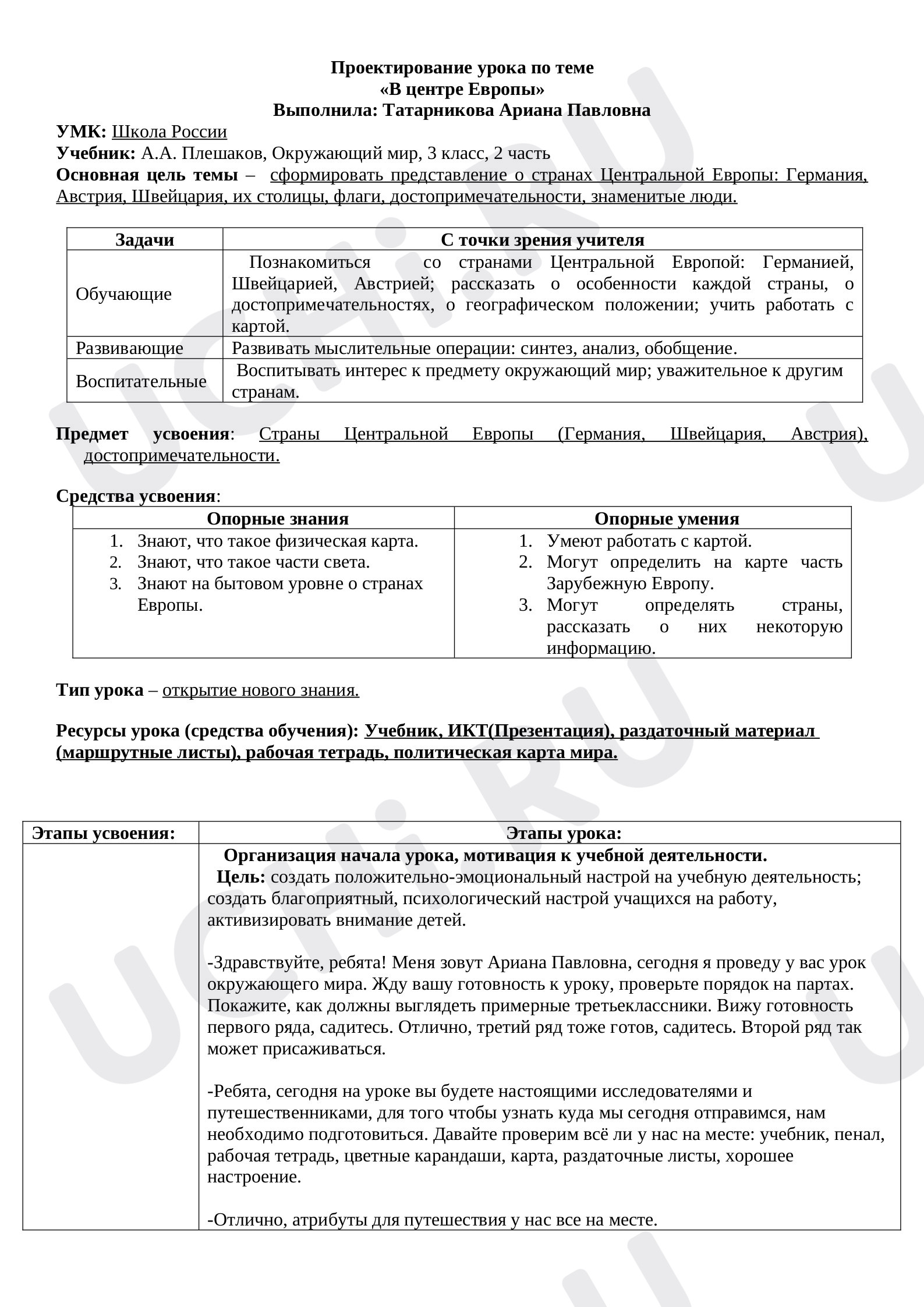 Предпросмотр материала Конспект урока по окружающему миру «В центре Европы».