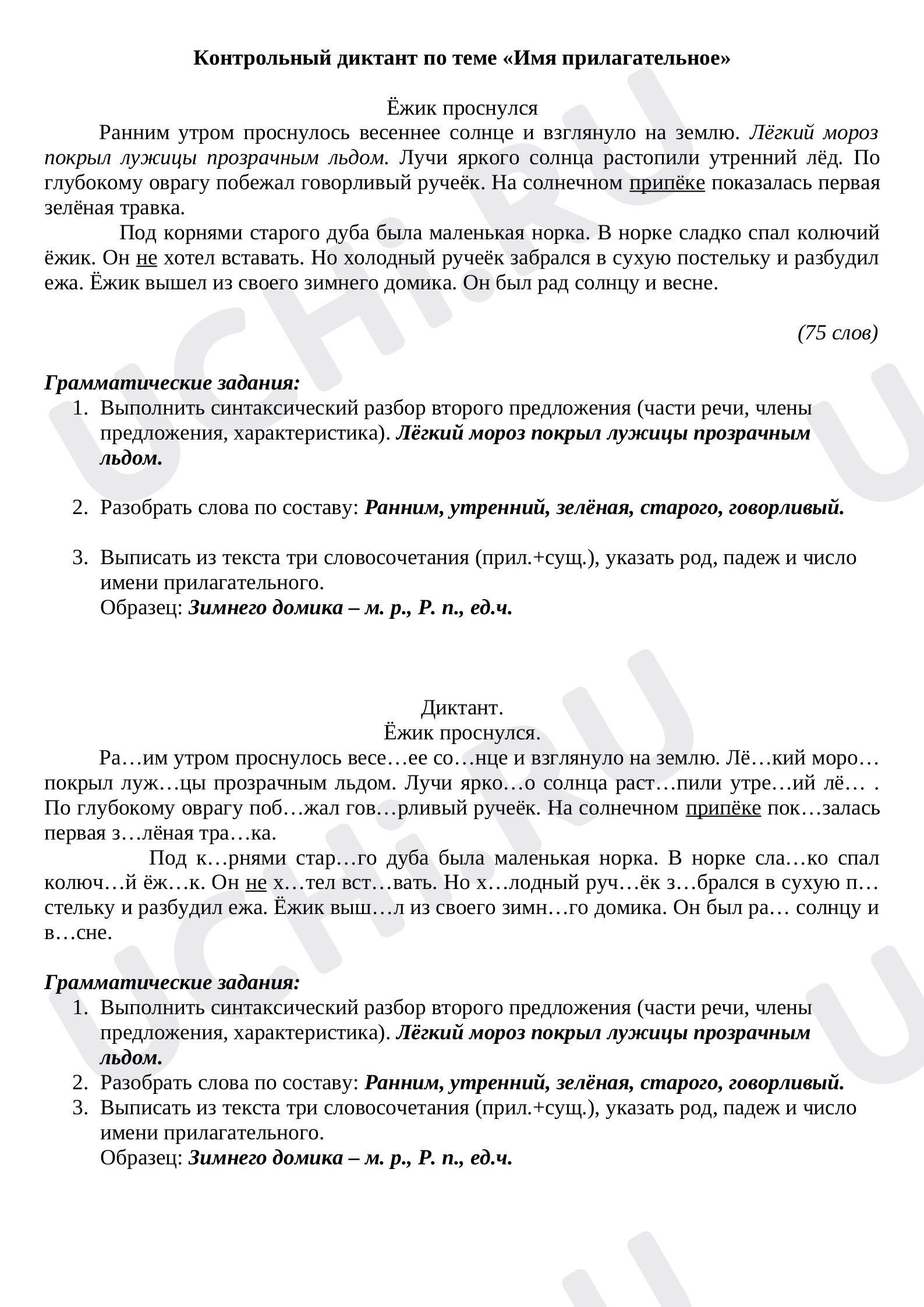 Предпросмотр материала Контрольный диктант по русскому языку на тему "Имя прилагательное".