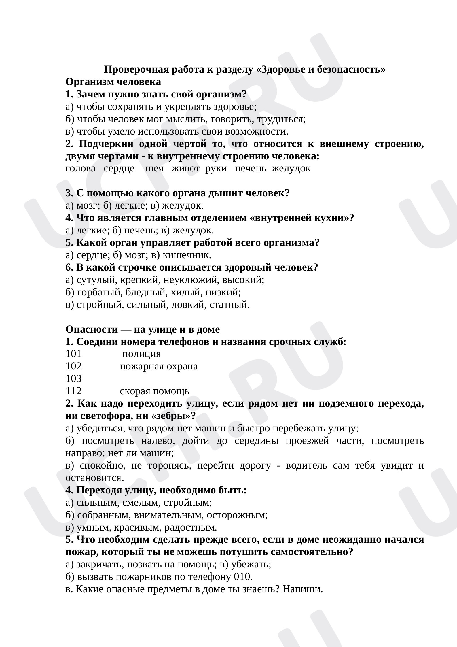 Предпросмотр материала Проверочная работа к разделу "Здоровье и безопасность"