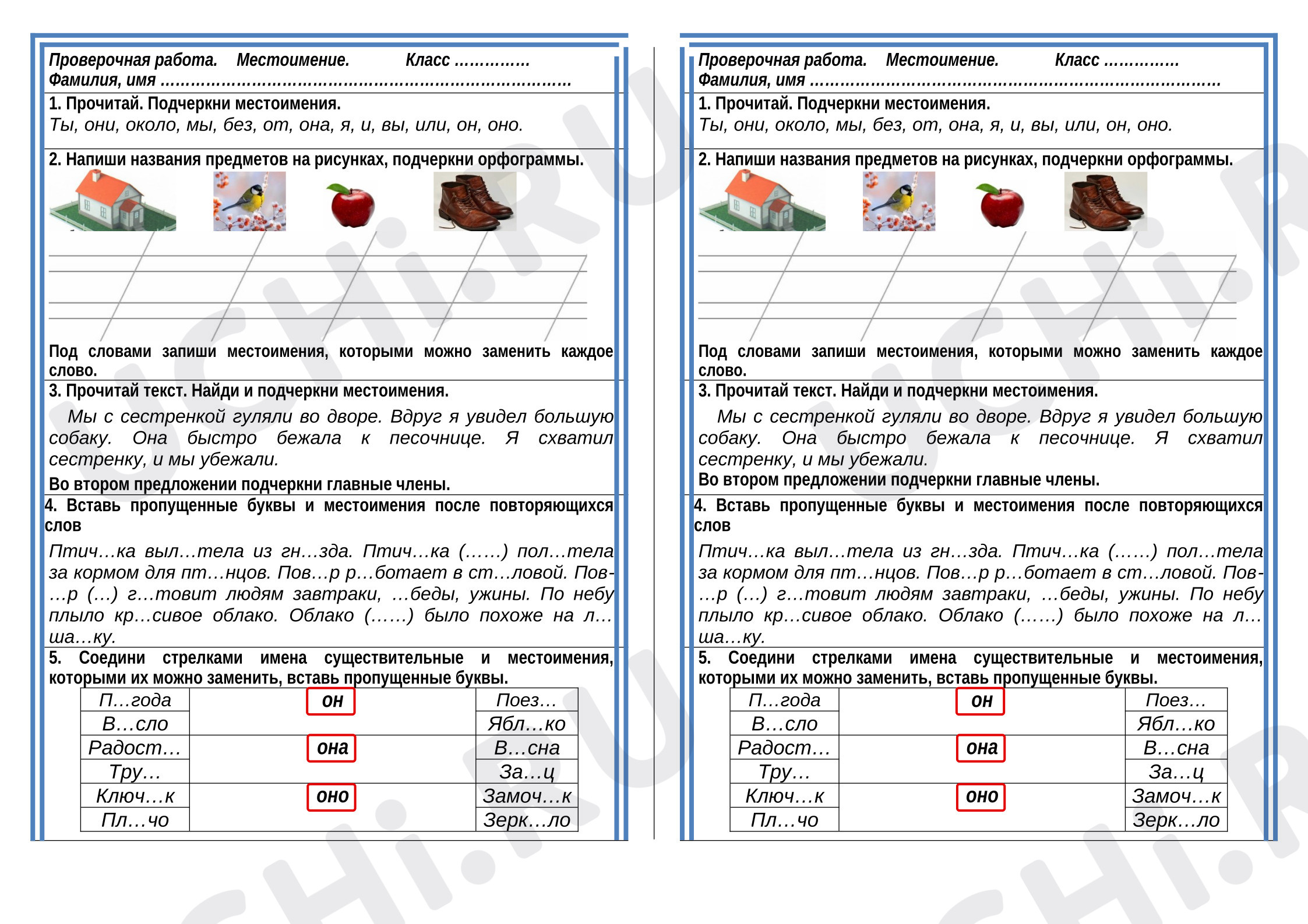 Предпросмотр материала Проверочная работа по русскому языку на тему: Местоимение.