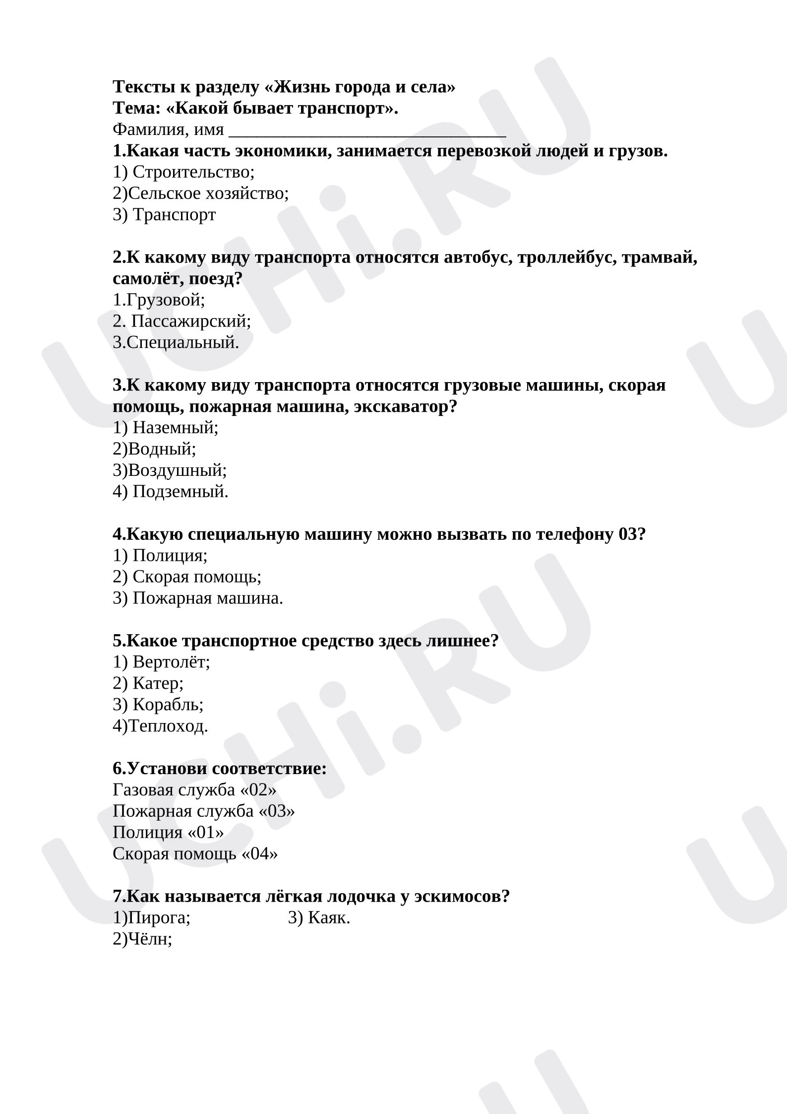 Предпросмотр материала Проверочная работа. Тест к уроку окружающего мира к разделу «Жизнь города и села» . Тема:  «Какой бывает транспорт».
