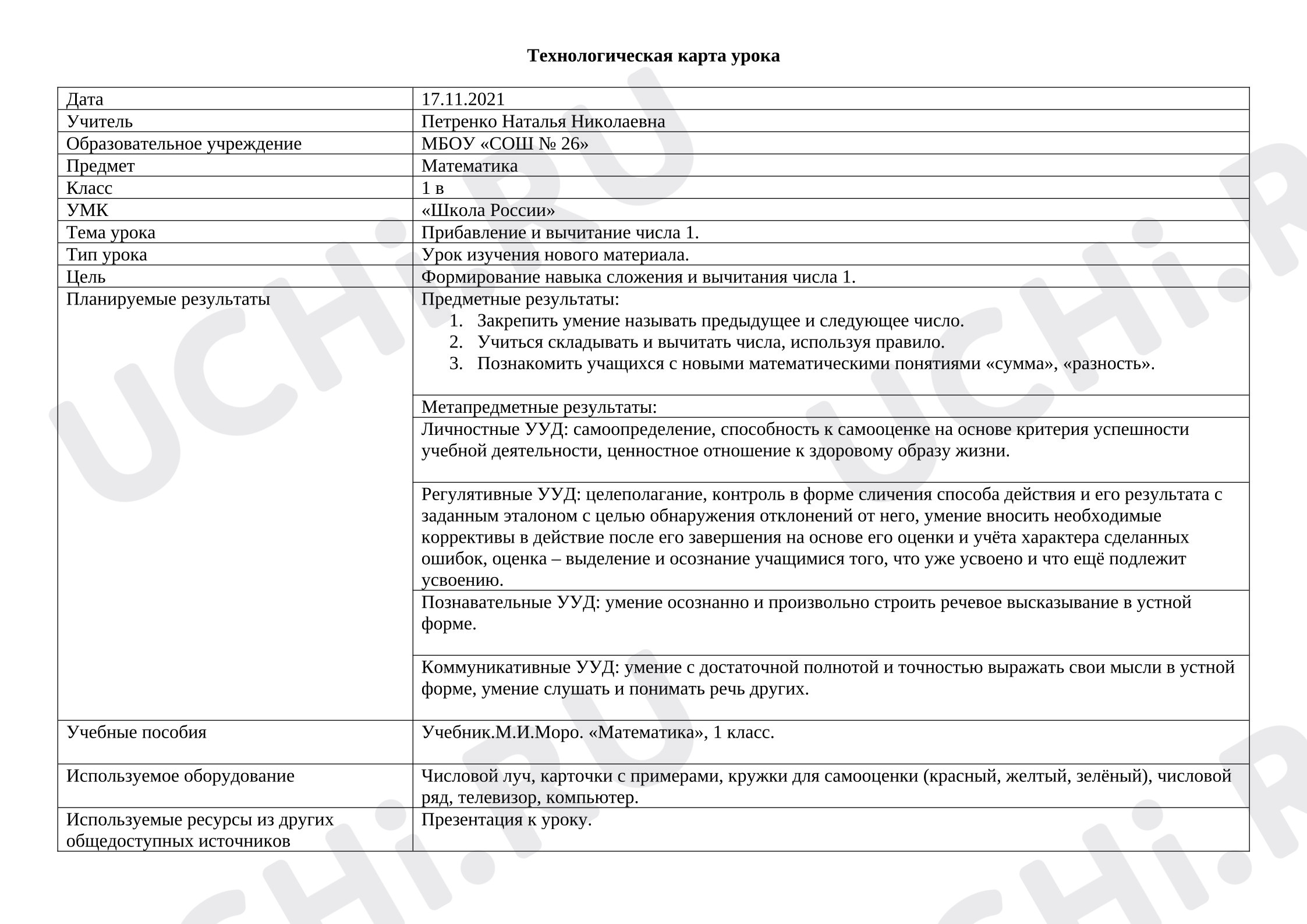 Предпросмотр материала Технологическая карта урока математики. Прибавление и вычитание числа 1