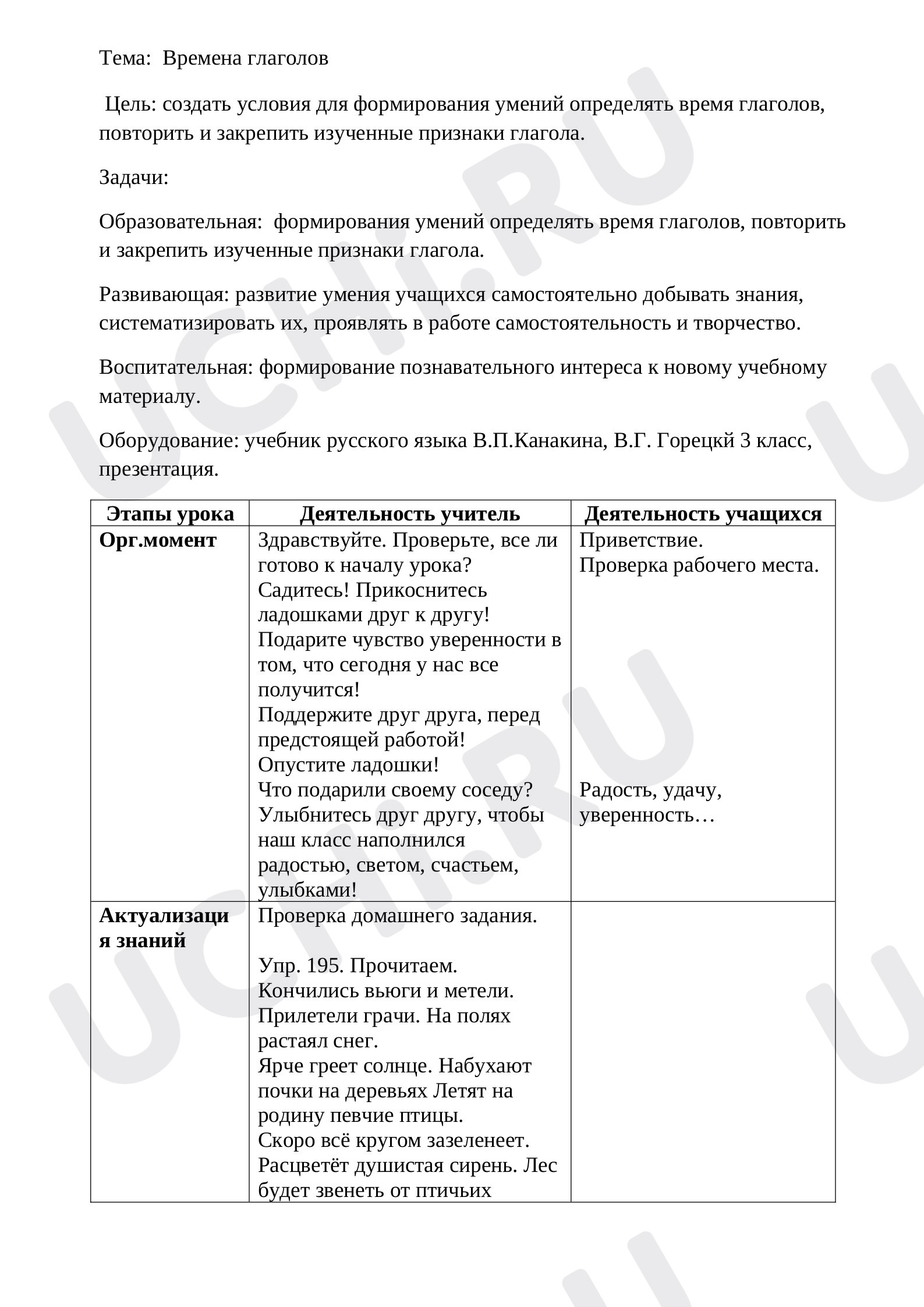 Предпросмотр материала План урока русского языка по теме:   Времена глаголов