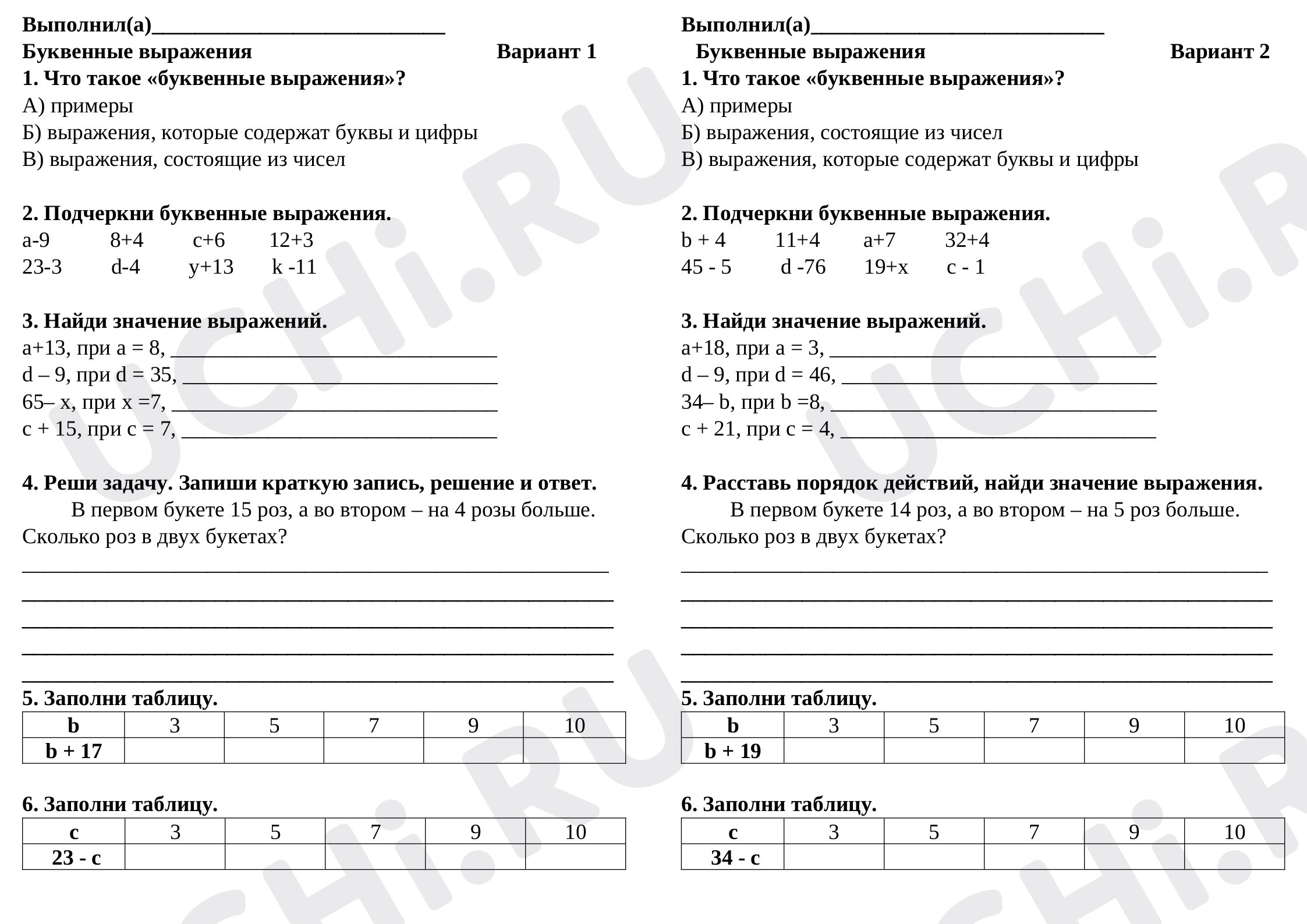 Предпросмотр материала Математика. Проверочная работа. Буквенные выражения.