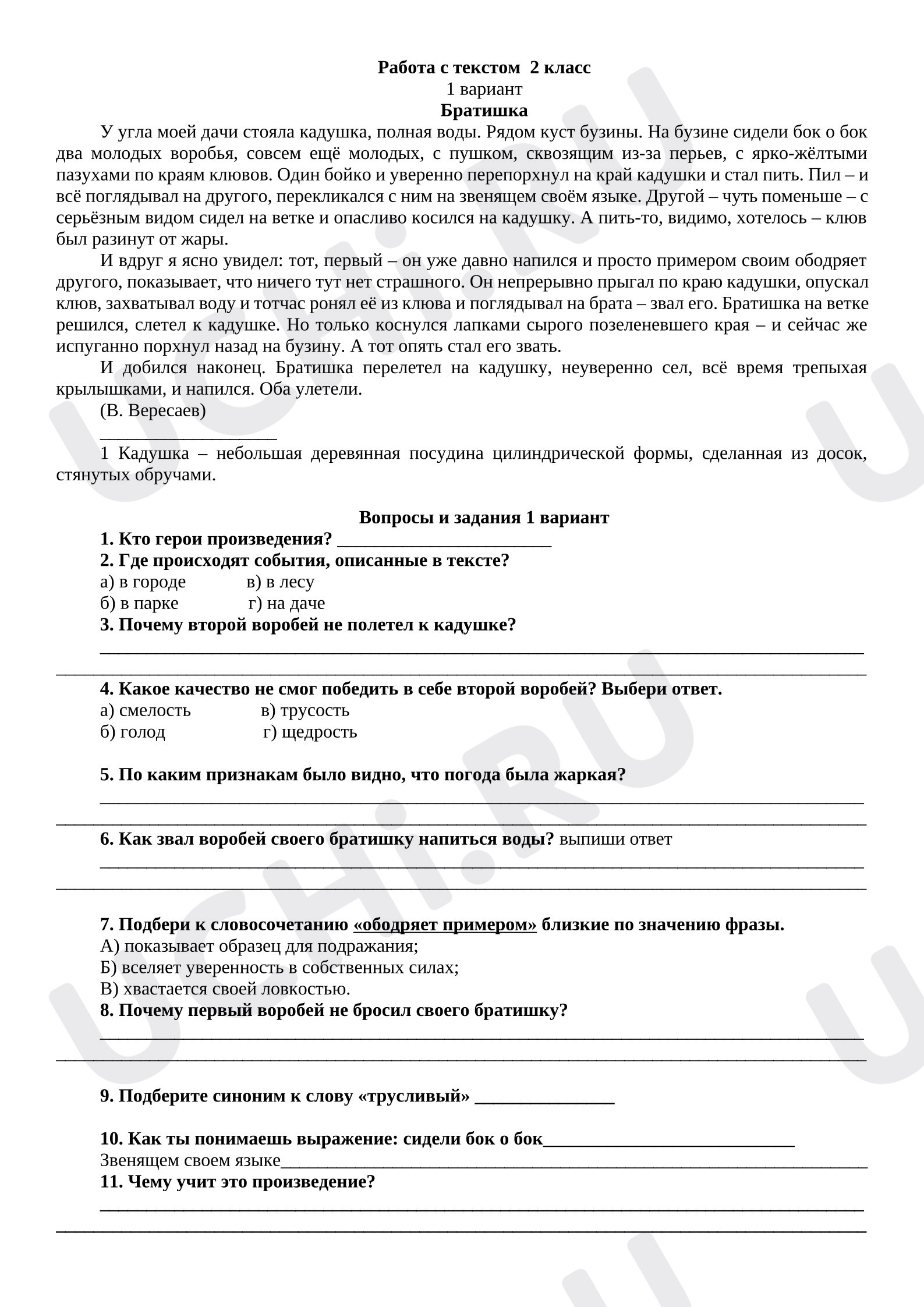 Предпросмотр материала Проверочная работа к уроку литературного чтения. Работа с текстом.