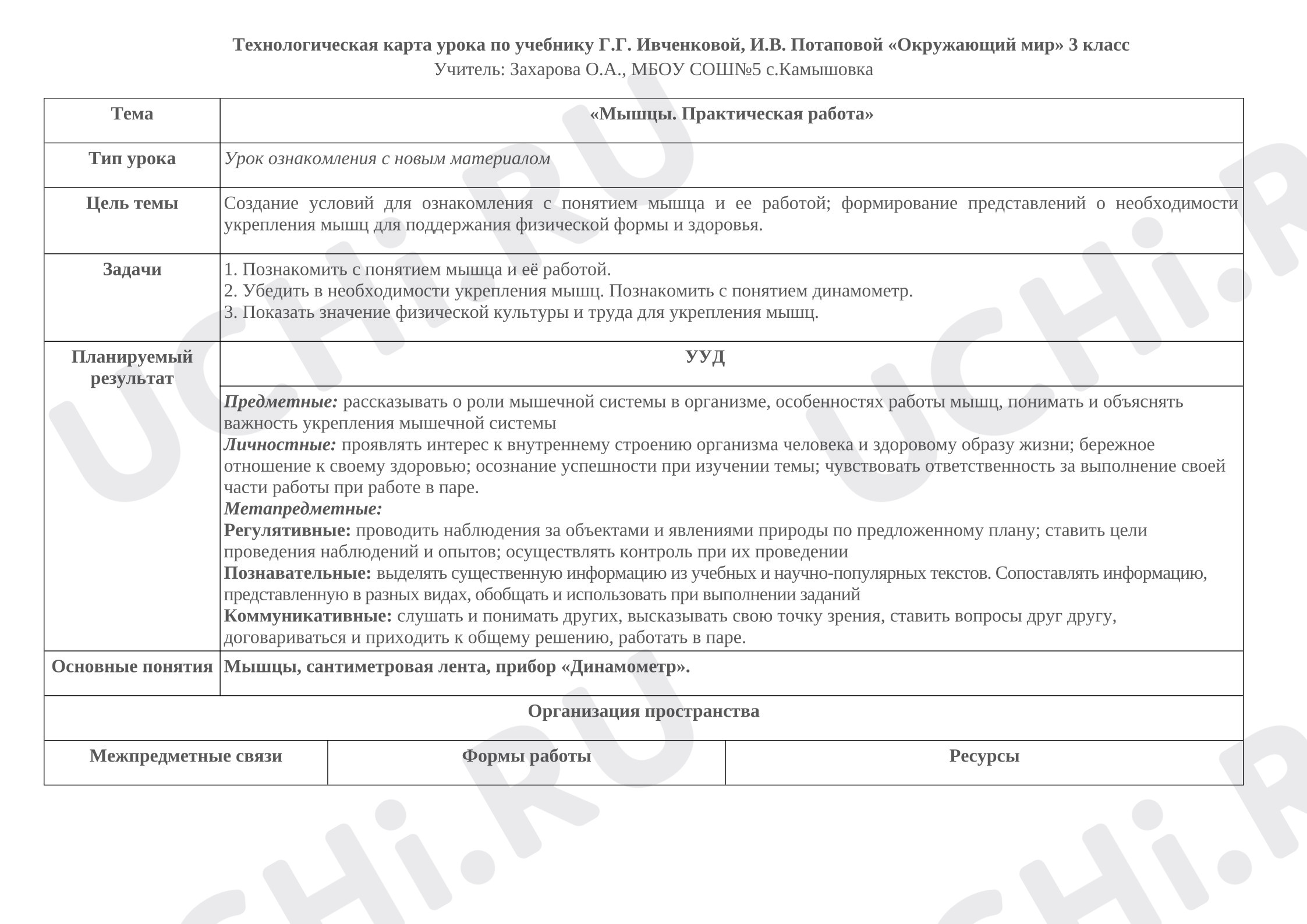 Предпросмотр материала План урока окружающего мира«Мышцы. Практическая работа»