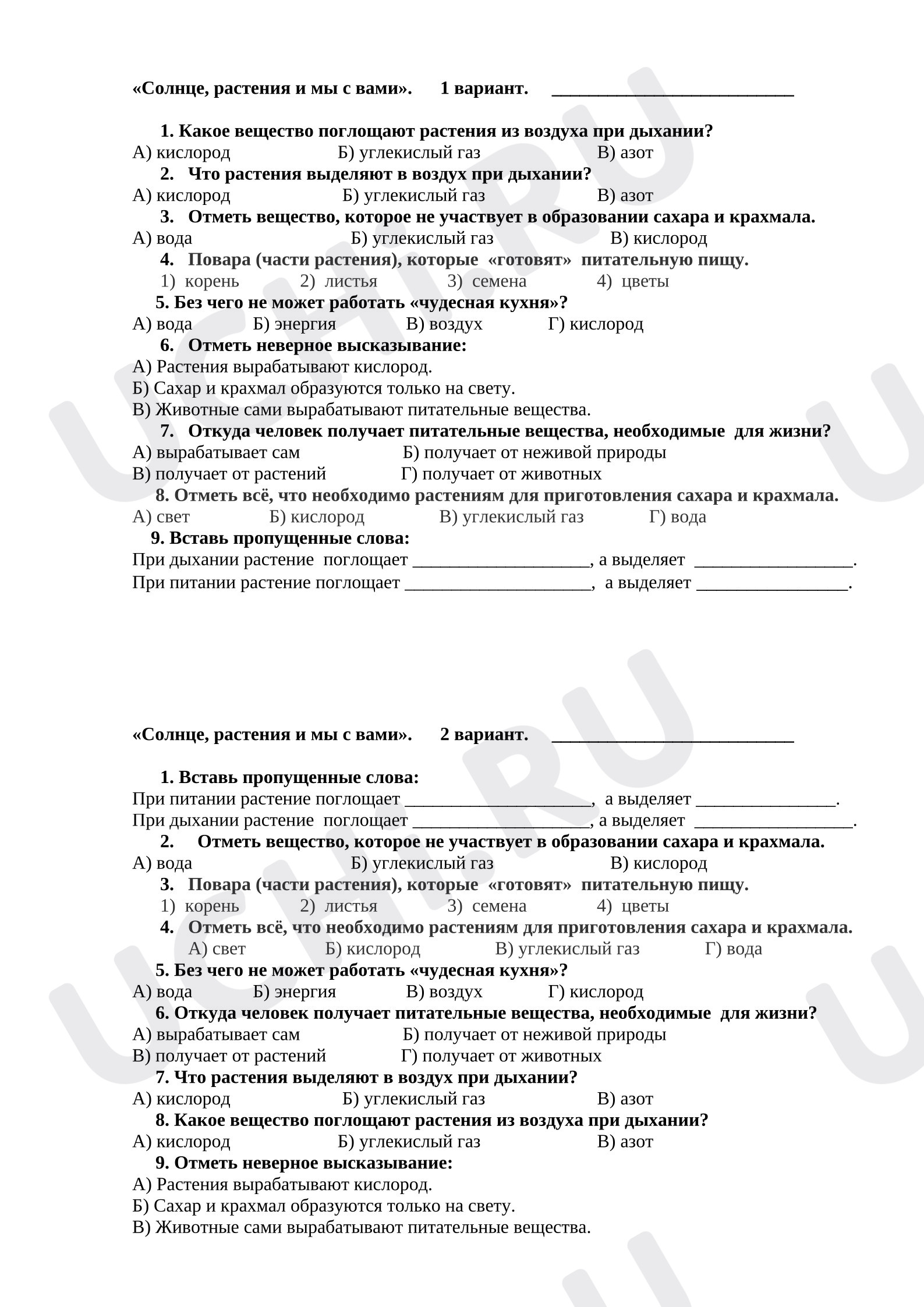Предпросмотр материала Проверочная работа к уроку окружающего мира. Солнце, растения и мы с вами.