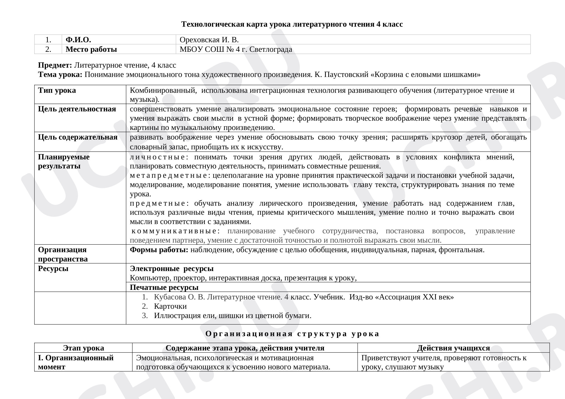 Предпросмотр материала Технологическая карта урока литературного чтения 4 класс Тема урока: Понимание эмоционального тона художественного произведения. К. Паустовский «Корзина с еловыми шишками»