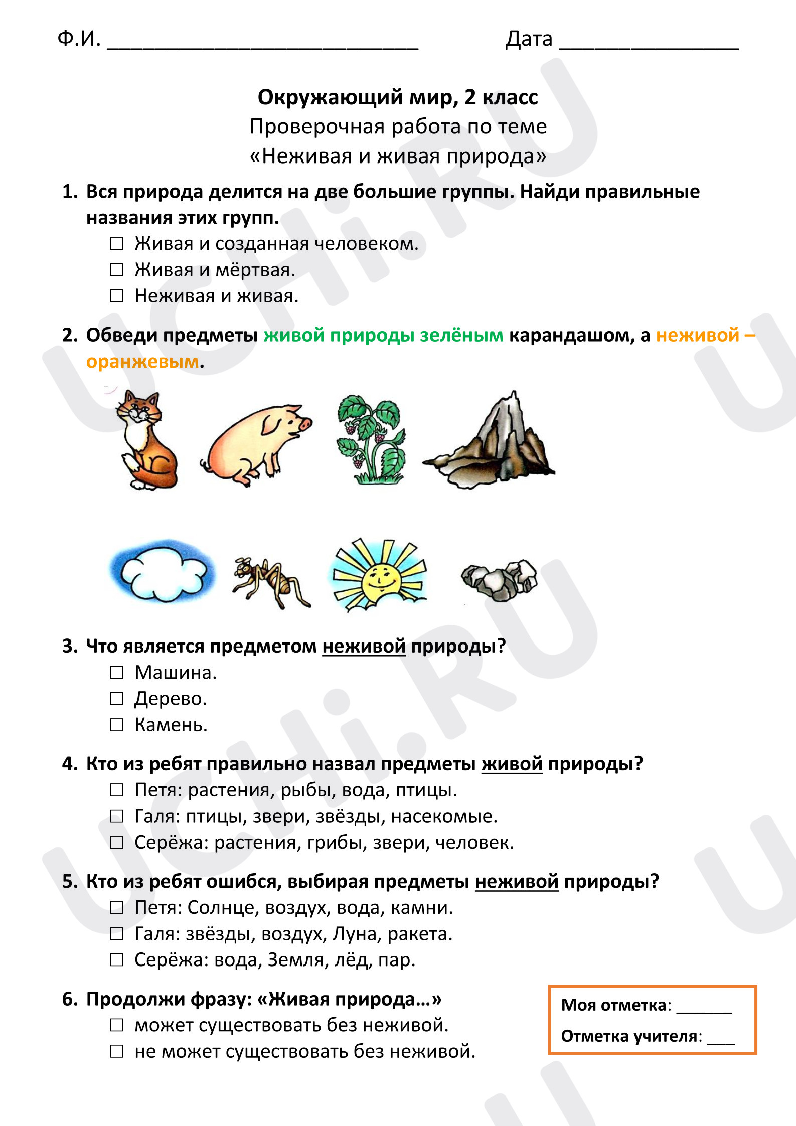 Предпросмотр материала Проверочная работа к уроку окружающего мира по теме «Живая и неживая природа».