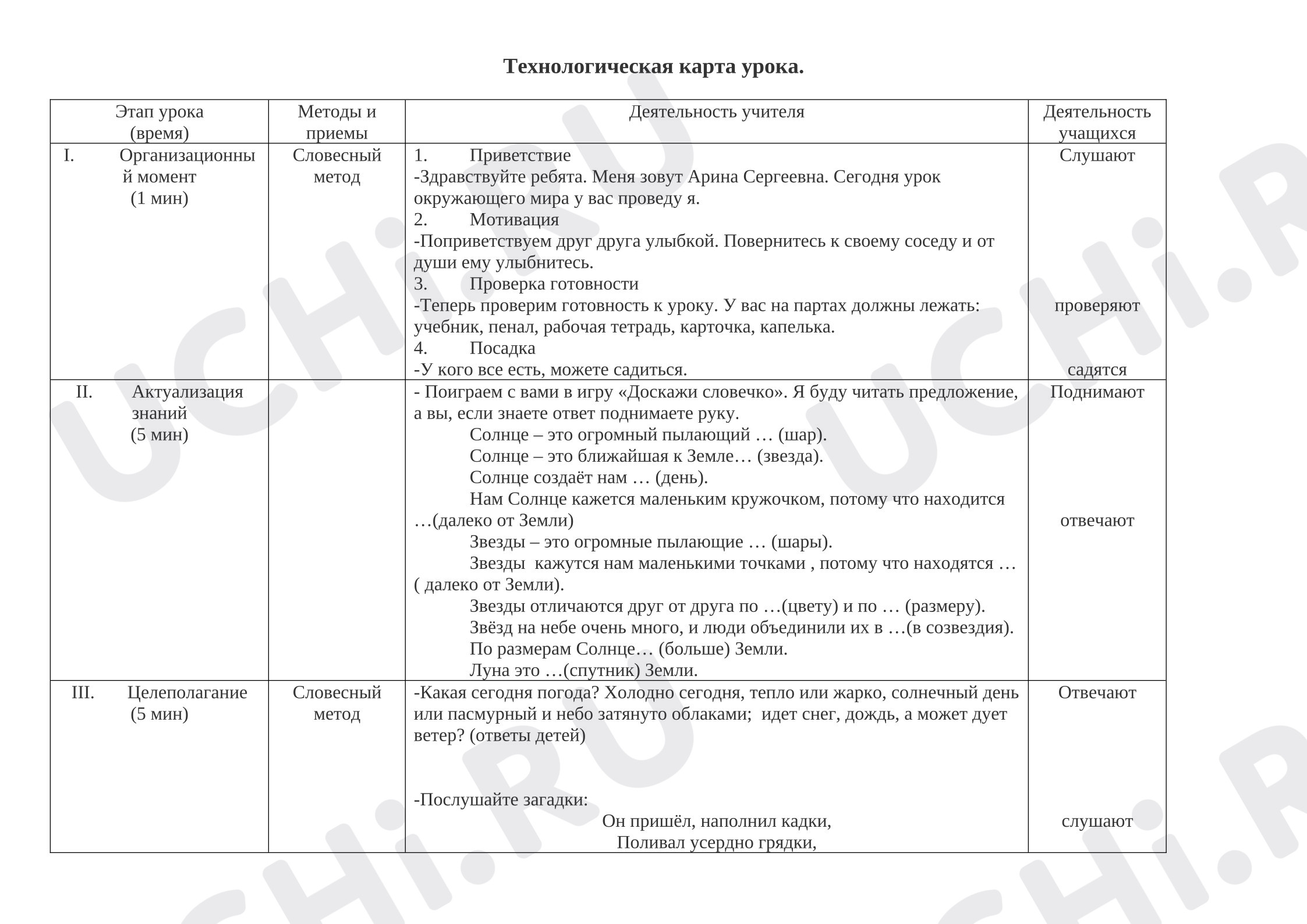 Предпросмотр материала Технологическая карта урока. Почему идет дождь и дует ветер.