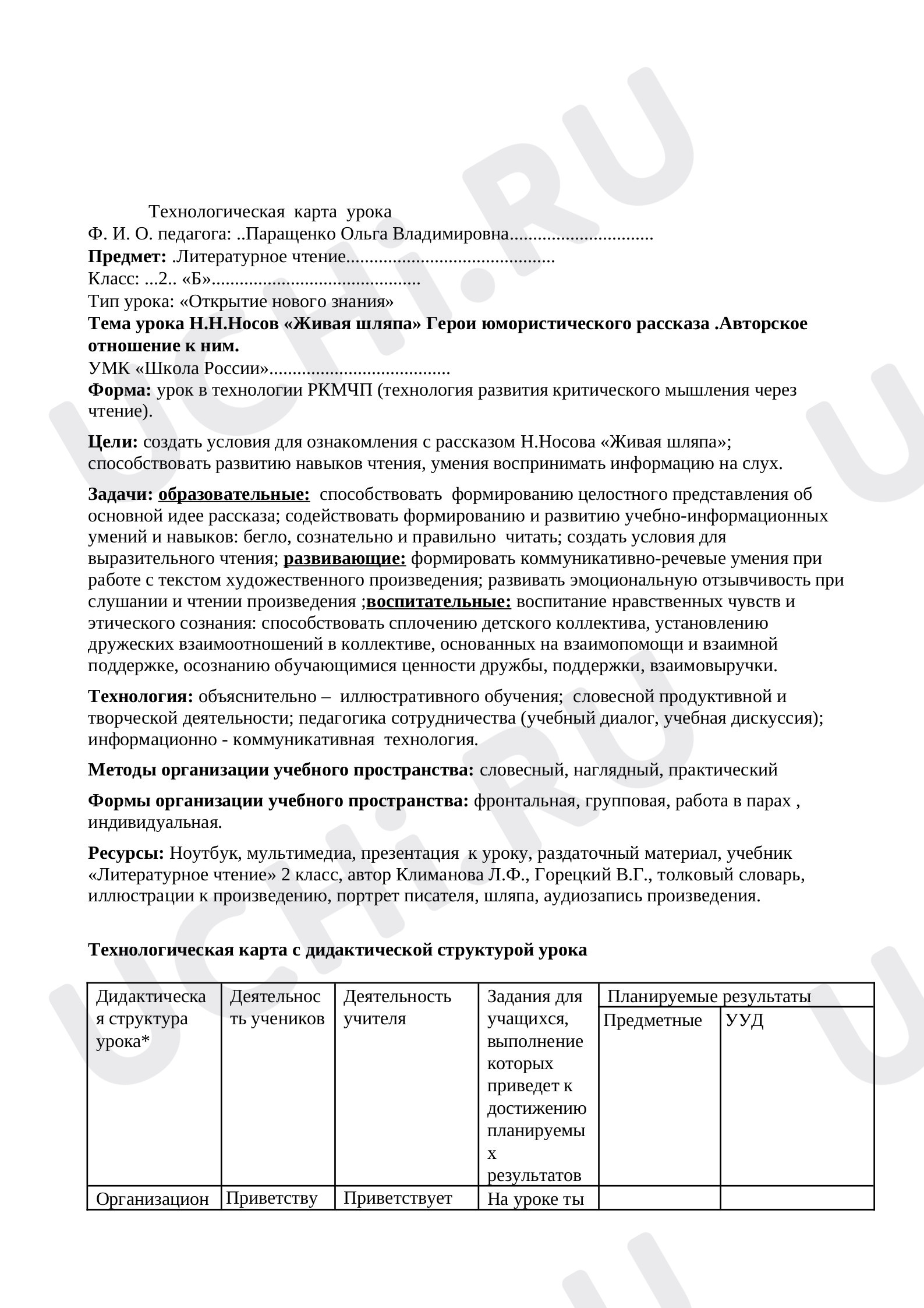Предпросмотр материала Литературное чтение.Носов Н."Живая шляпа"