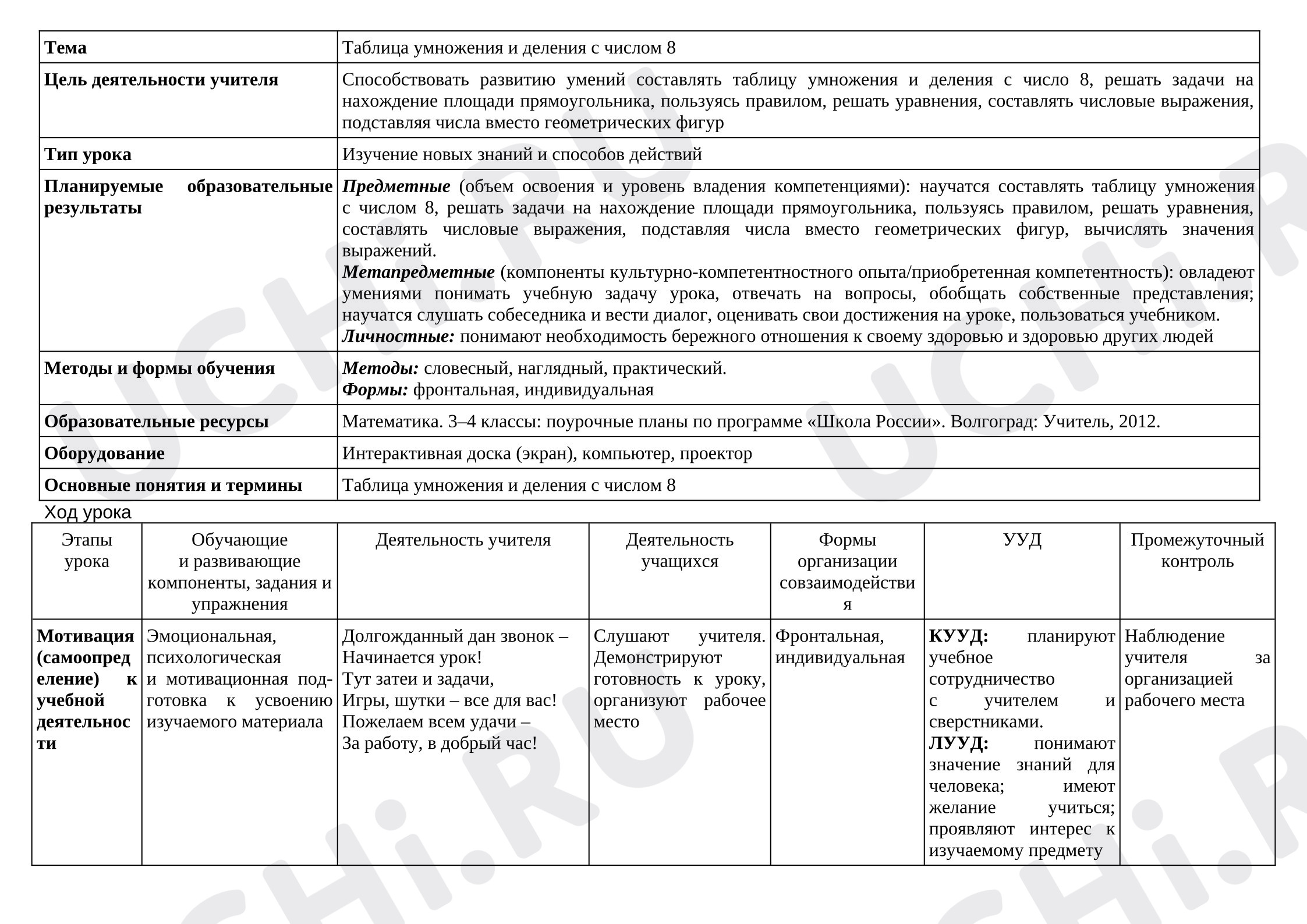 Предпросмотр материала Технологическая карта урока по математике. Таблица умножения и деления с числом 8.