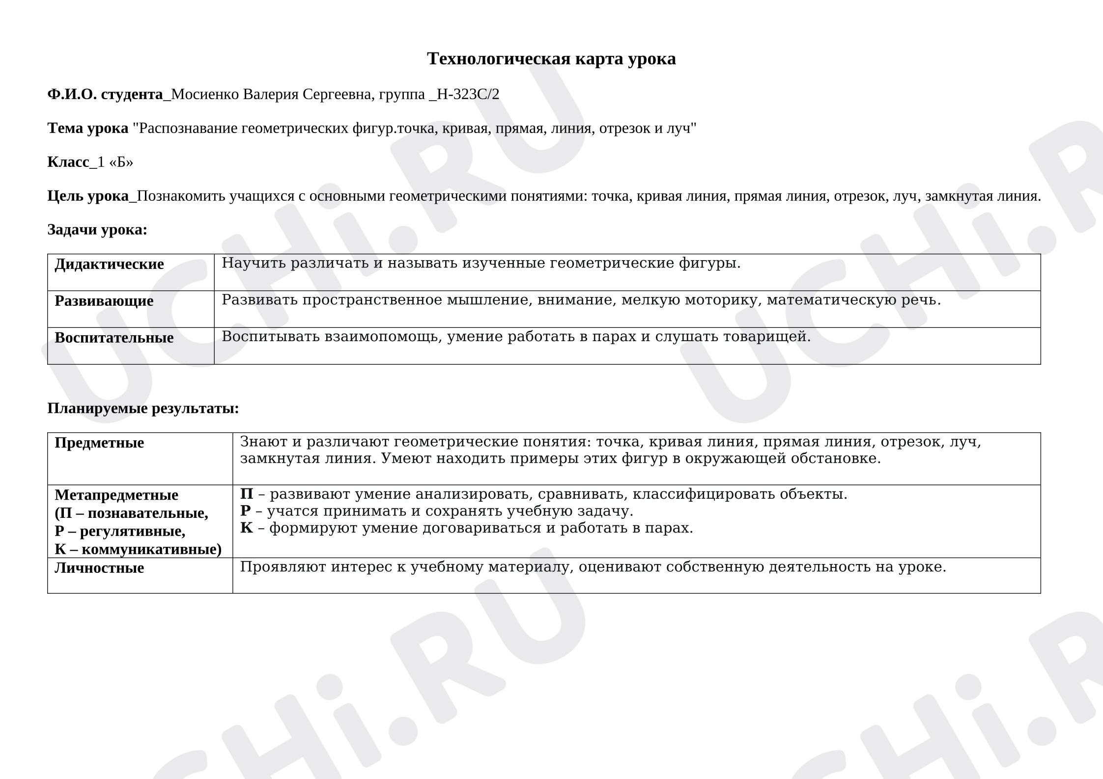 Предпросмотр материала План урока математики «Распознавание геометрических фигур – точка, кривая, прямая, линия, отрезок и луч»