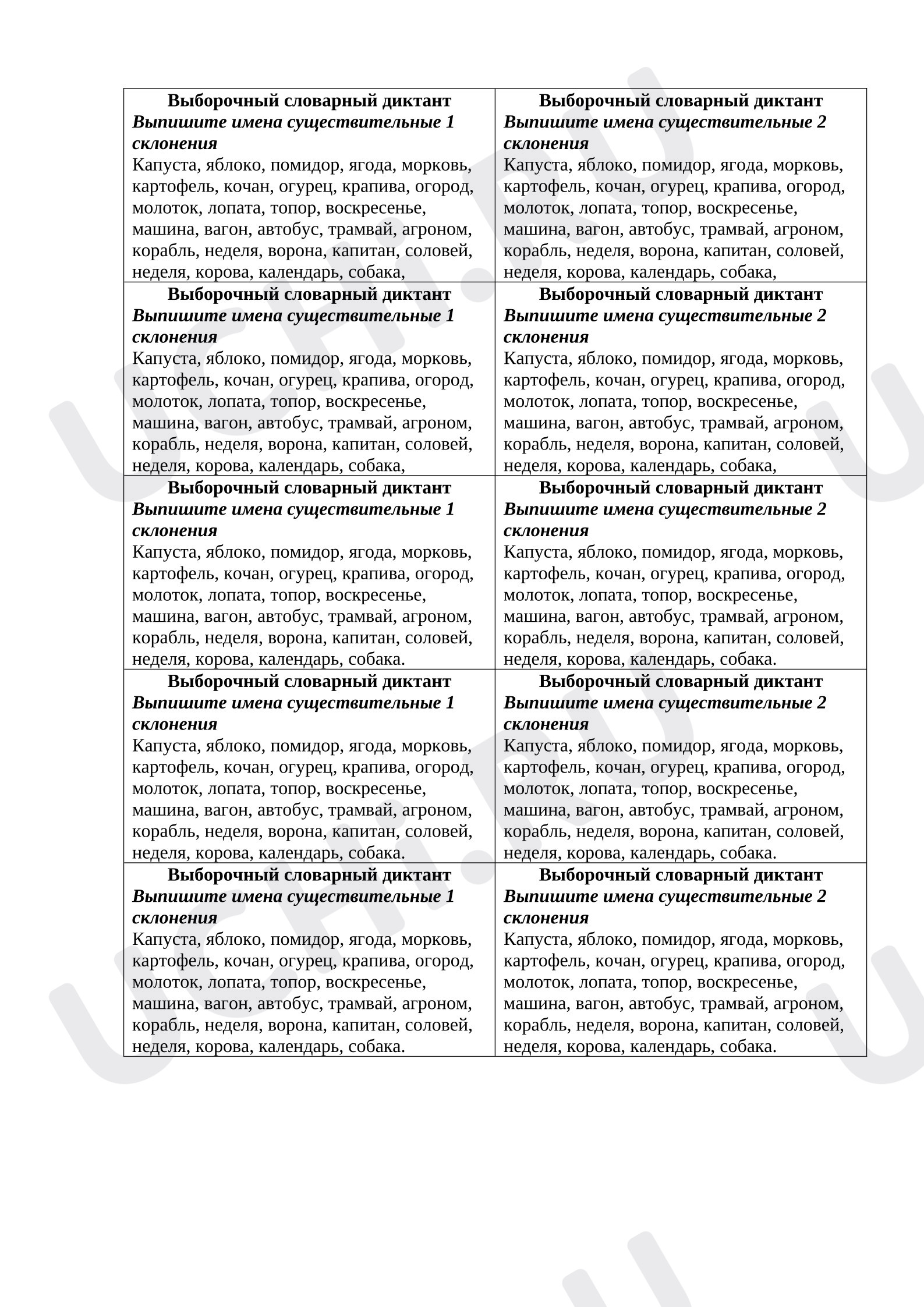 Предпросмотр материала Проверочная работа к уроку русского языка. Выборочный словарный диктант по определению существительных 1 и 2 склонений.