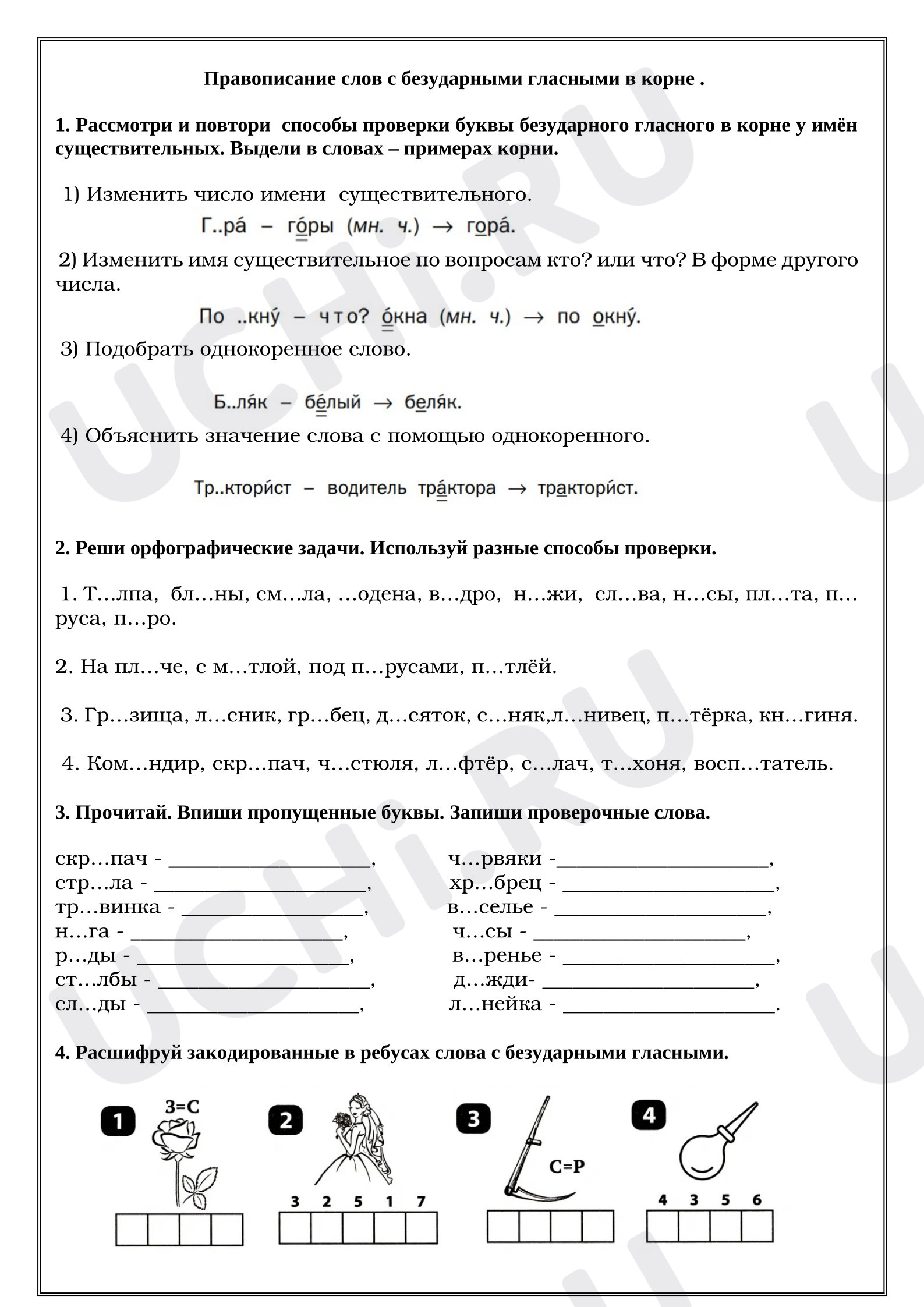 Предпросмотр материала Рабочие листы к уроку русского языка. Правописание слов с безударными гласными в корне. Имя существительное.