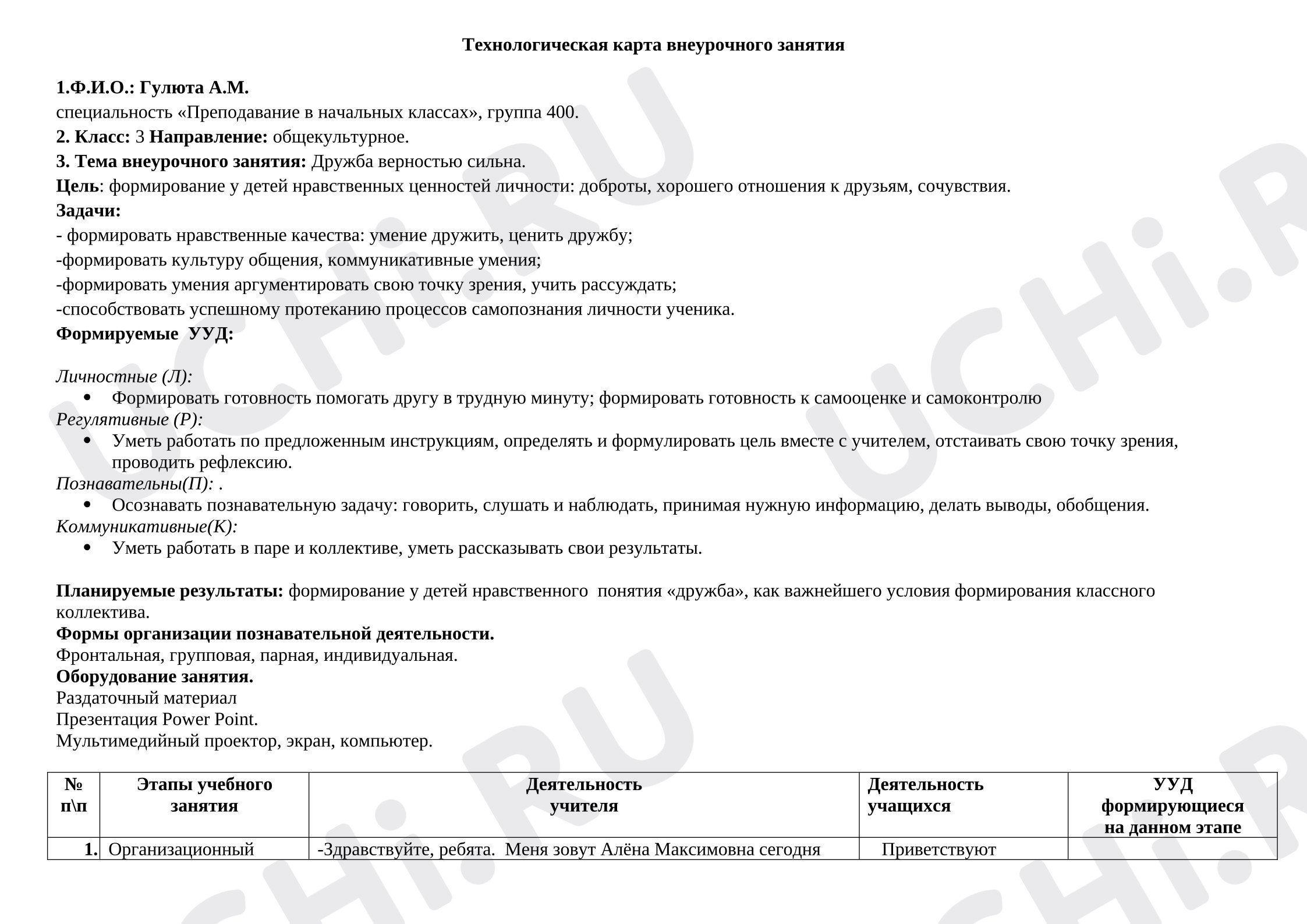 Предпросмотр материала Технологическая карта внеурочного занятия по теме «Дружба верностью сильна».