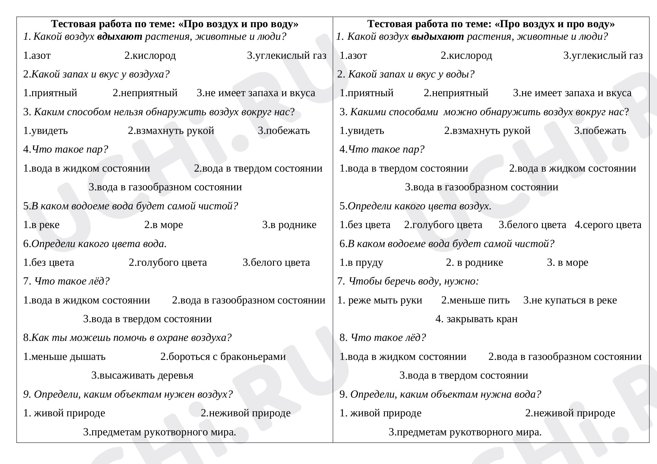 Предпросмотр материала Тестовая работа к уроку окружающего мира по темам: "Про воду... Про воздух..."